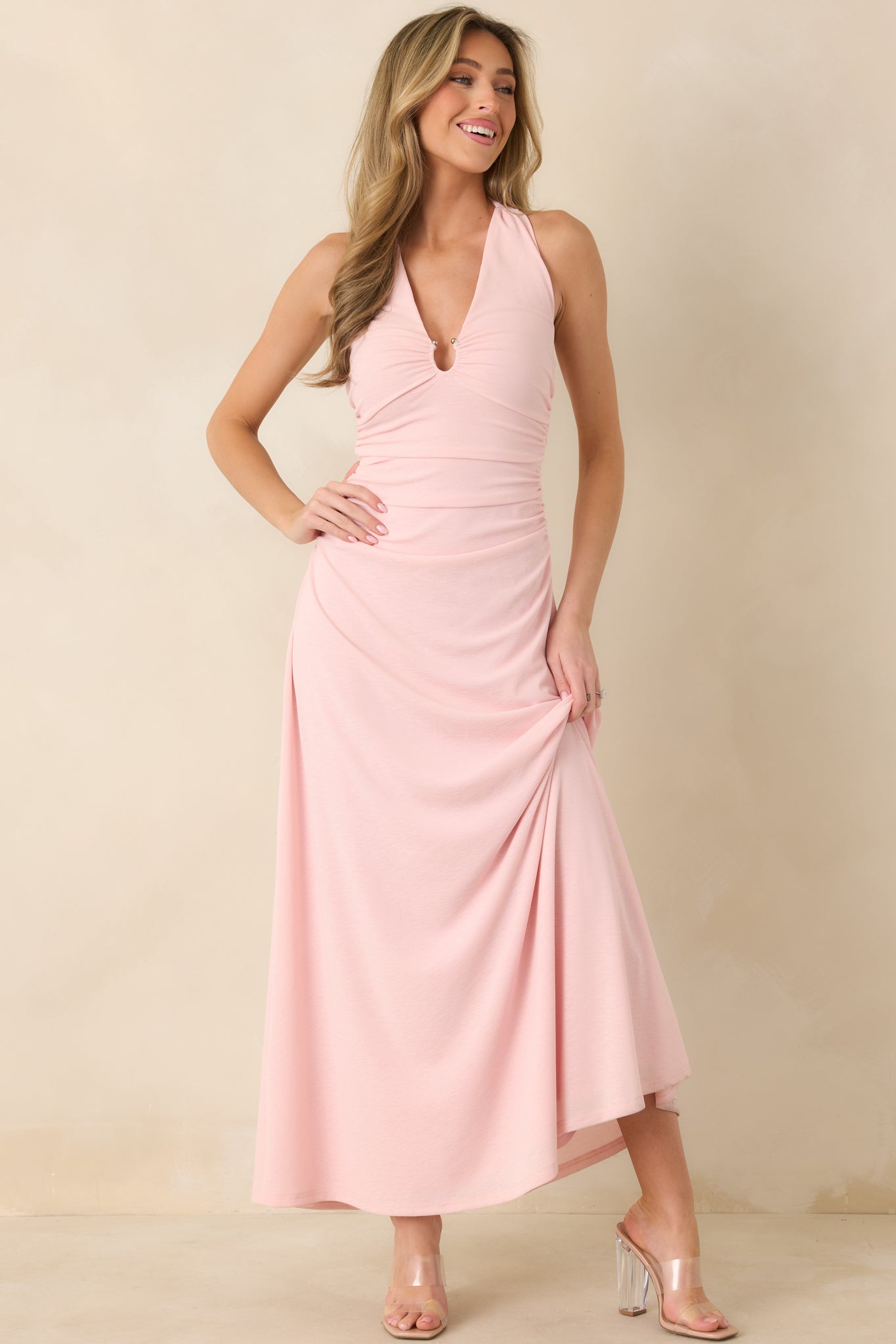 Pink Halter Neck Ruched Midi Dress XS / Soft Pink