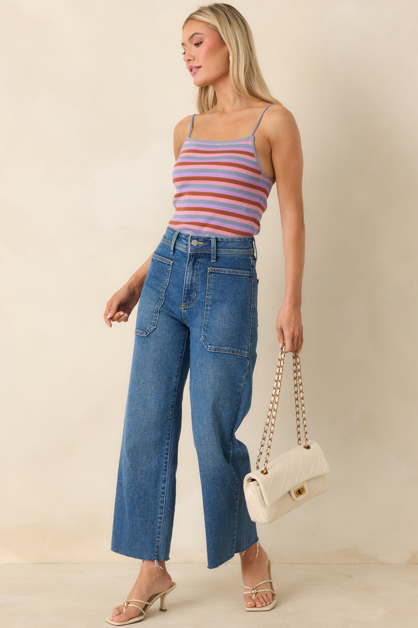 FRNCH Corallia Light Blue Multi Stripe Knit Tank Top | Red Dress