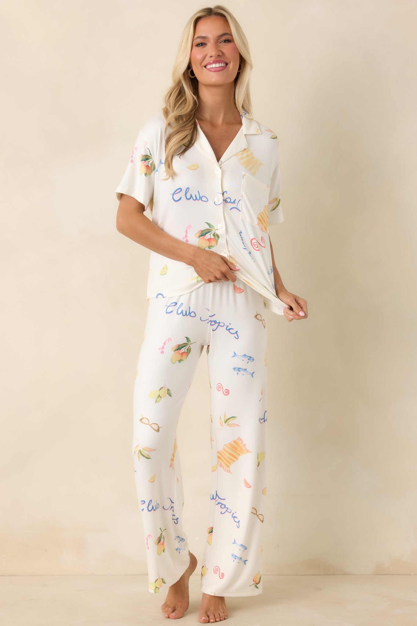 Soft short sleeve pajama top with collared neckline, relaxed fit, and vintage-style coastal print