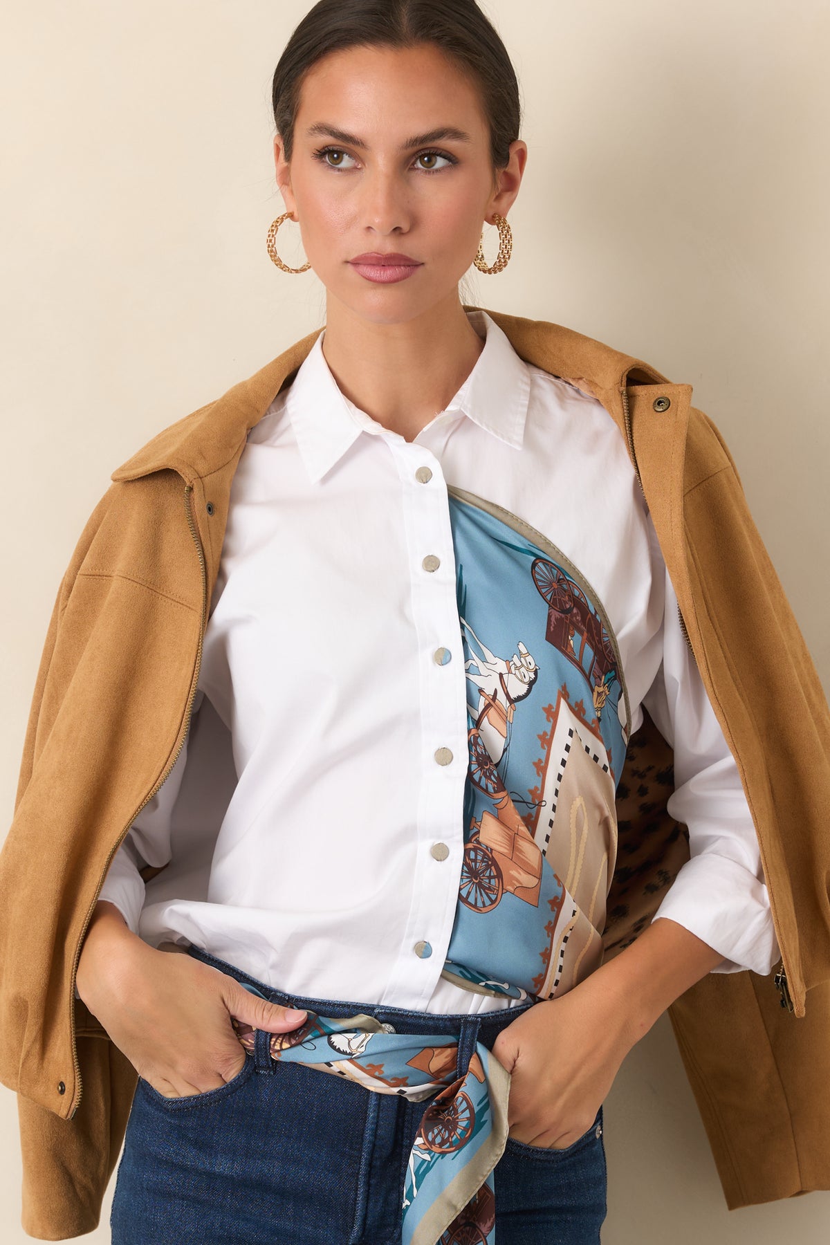 Soft stretch faux suede jacket showcasing the pointed collar and concealed zip-front closure.