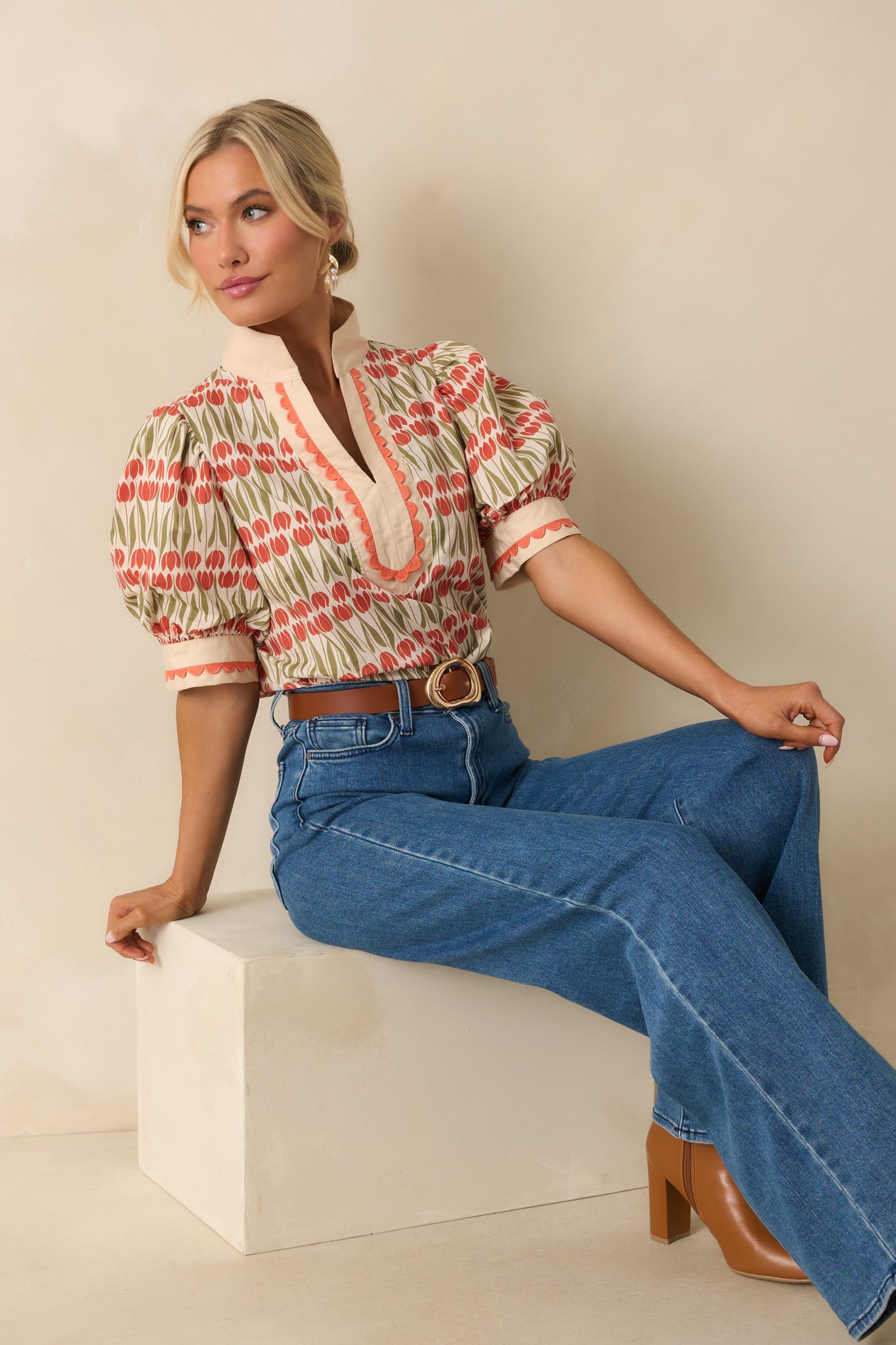 Ivory Tulip Print Puff Sleeve Top - Women's Blouses | Red Dress