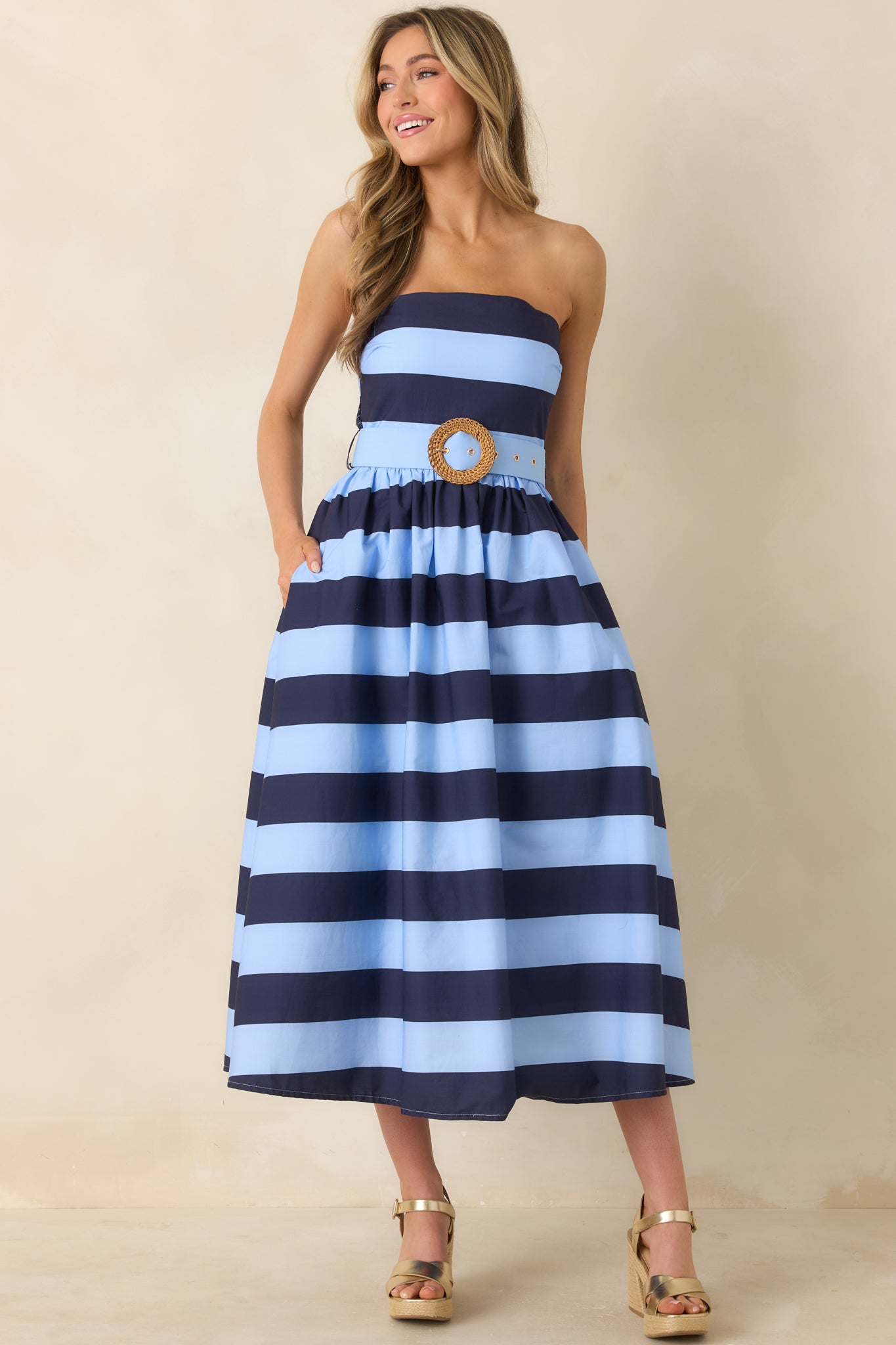 Red Dress | Navy & Light Blue Stripe Strapless Midi Dress - All Dresses Red Dress | Navy & Light Blue Stripe Strapless Midi Dress - All Dresses