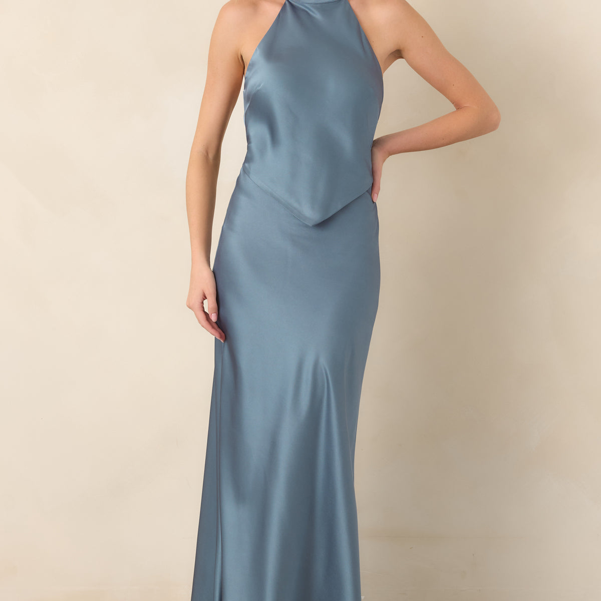 Viridiana Satin Halter Maxi Dress Steel Blue / L