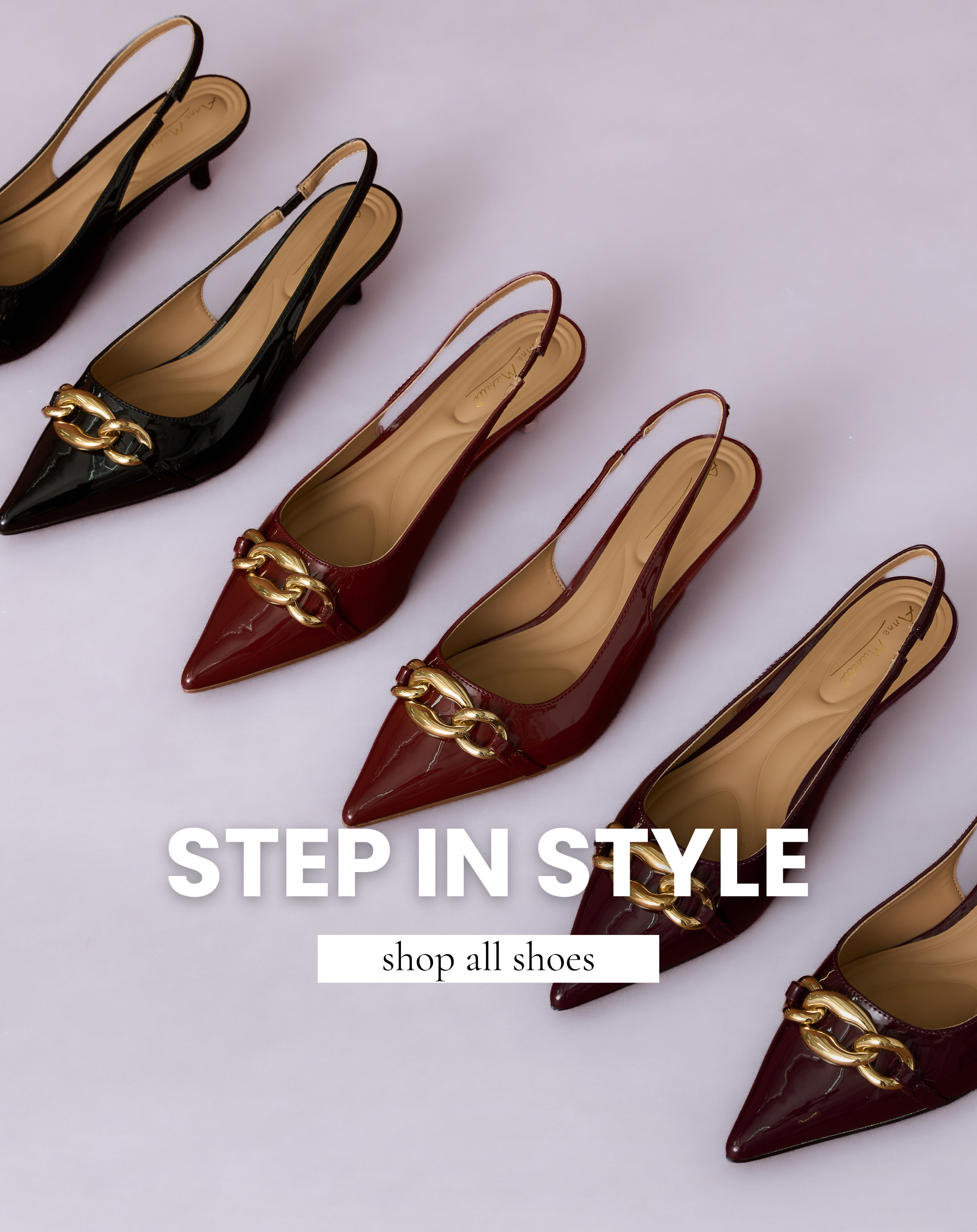 A line of leather sling back flats. Text reads: "Step In Style. Shop All Shoes."