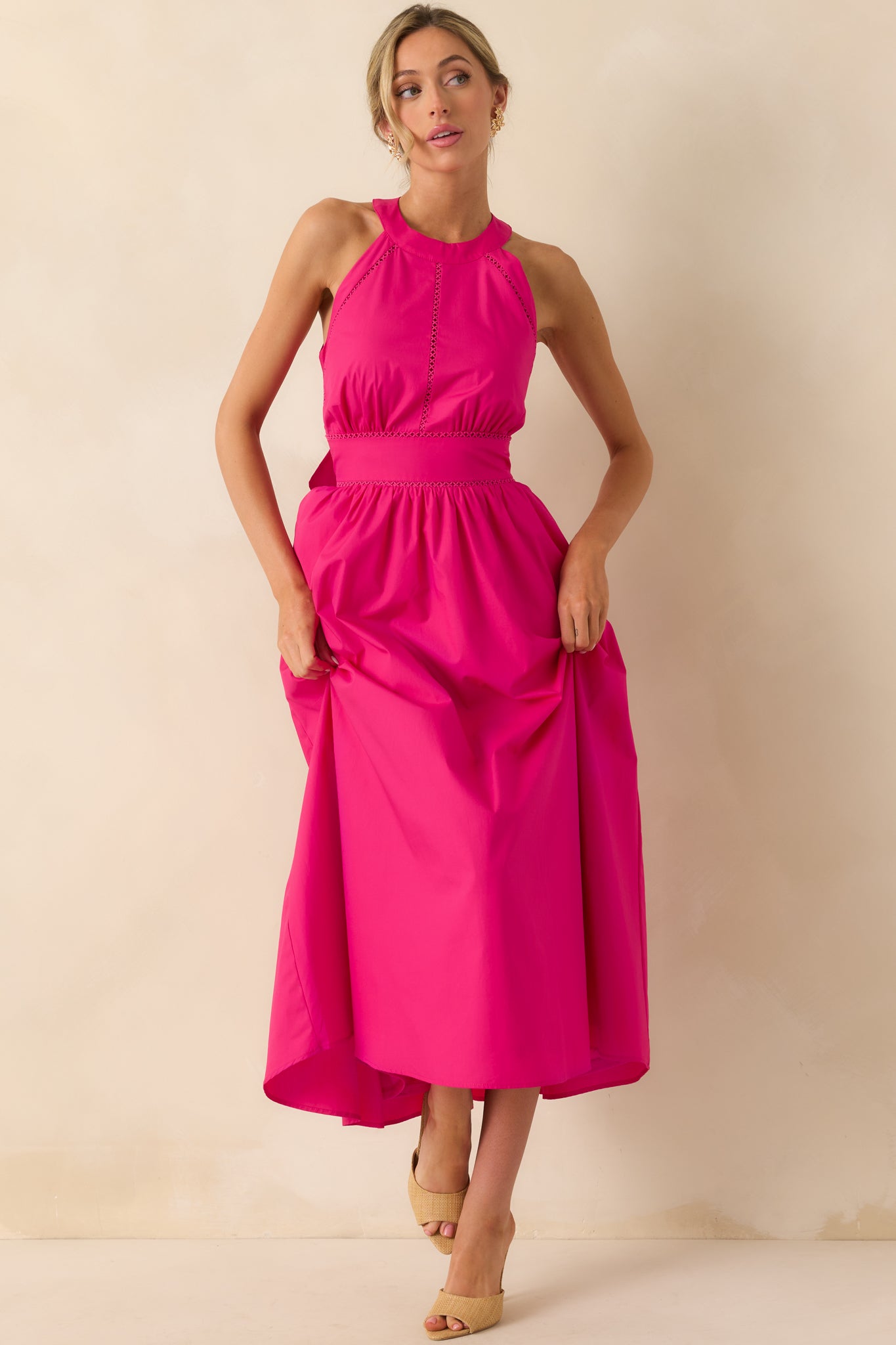 Fuchsia Pink Cotton Halter Dress - Maxi Dresses
