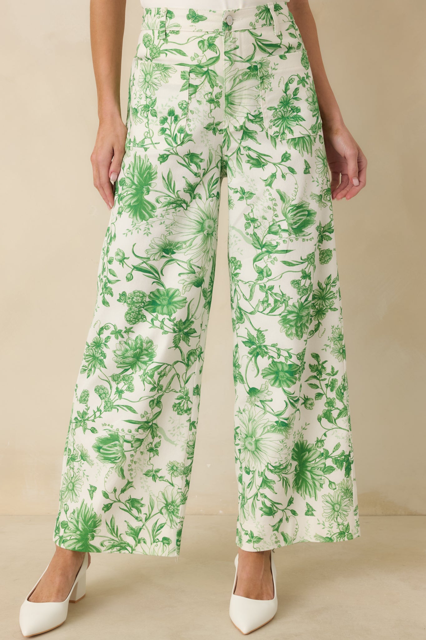 Straight leg shape shown through the breathable green floral cotton