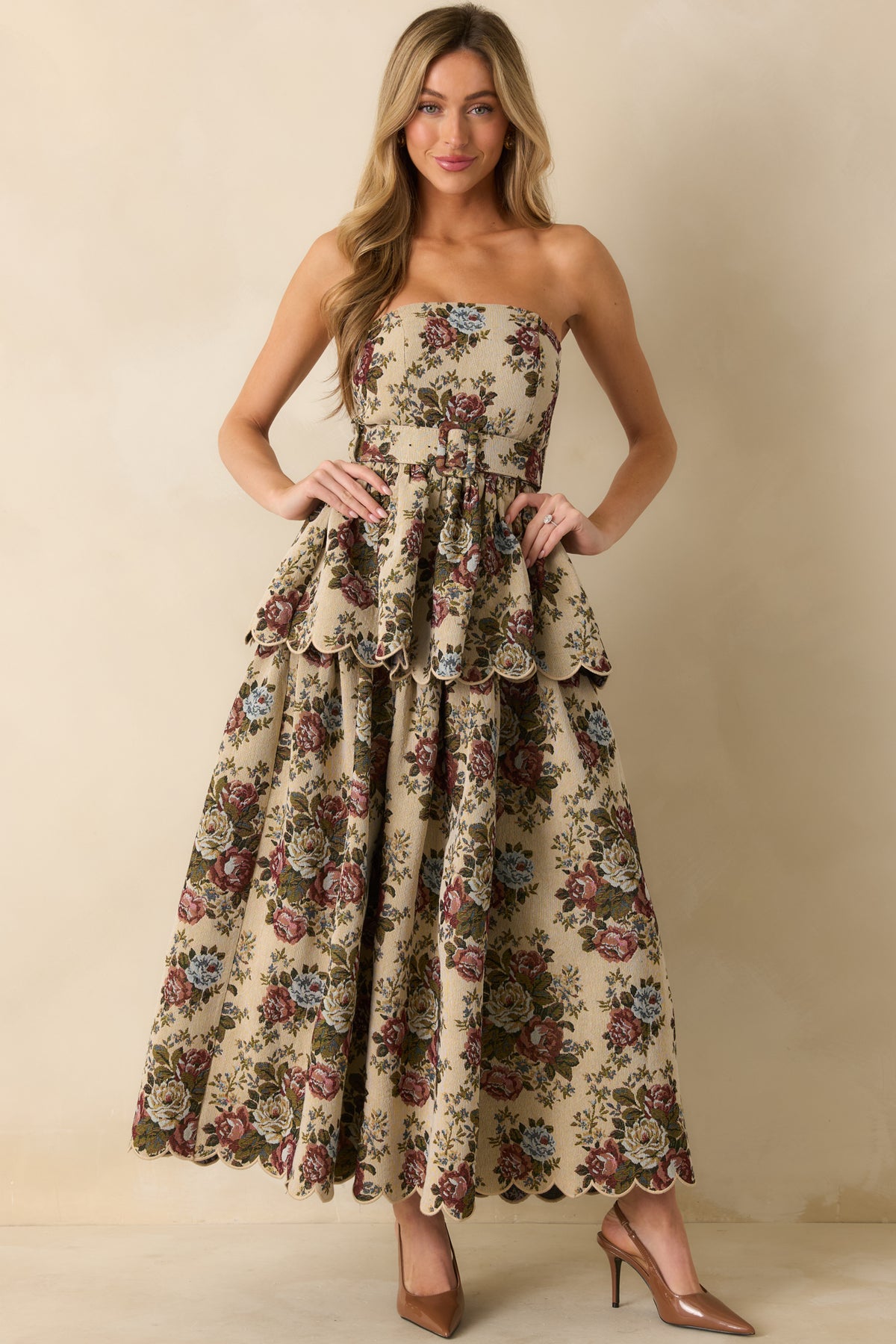 Beige Multi Floral Tapestry Strapless Midi Dress