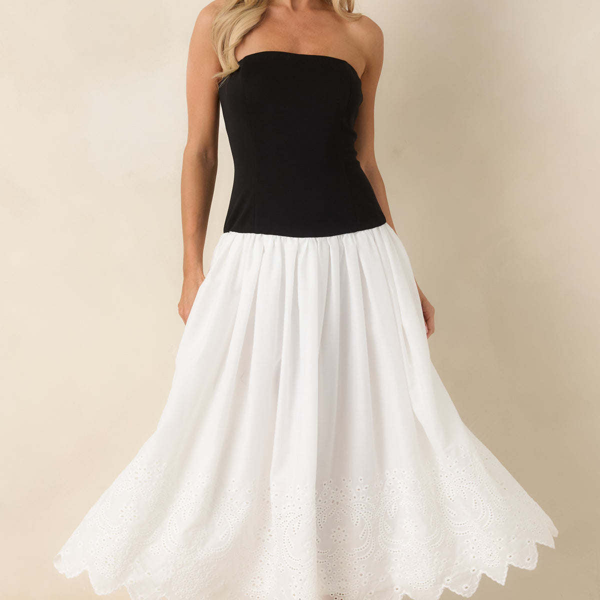 Red Dress | Black & White Cotton Strapless Midi Dress - All Dresses Red Dress | Black & White Cotton Strapless Midi Dress - All Dresses