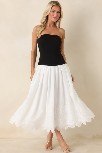 Women's It's a Classic Black & White Cotton Eyelet Strapless Midi Dress | Size: S