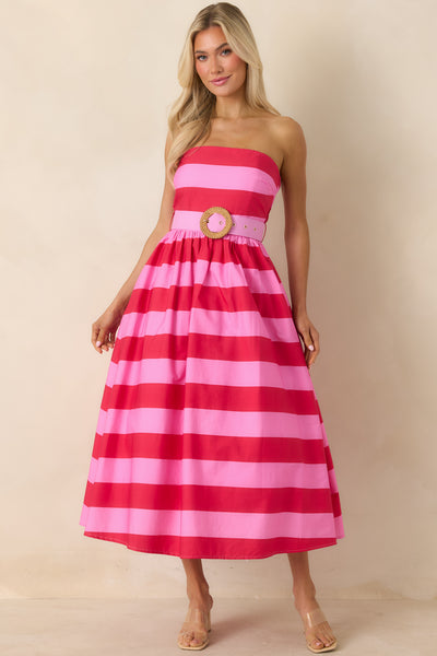 Red Dress | Pink & Red Stripe Strapless Midi Dress