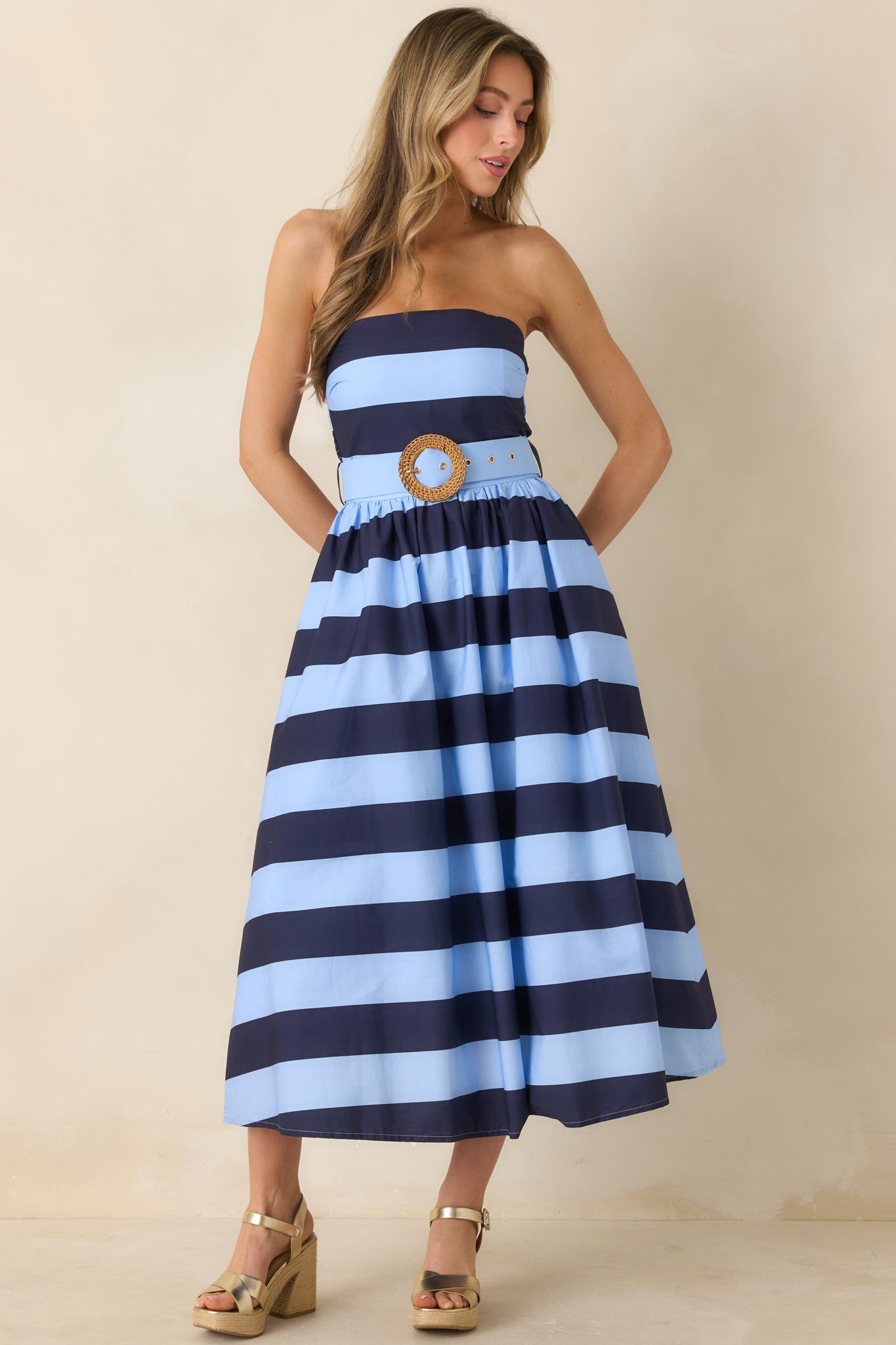 amanda cotton midi shirt dress Women's The Amanda Navy & Light Blue Stripe Cotton Strapless Midi Dress | Size: L