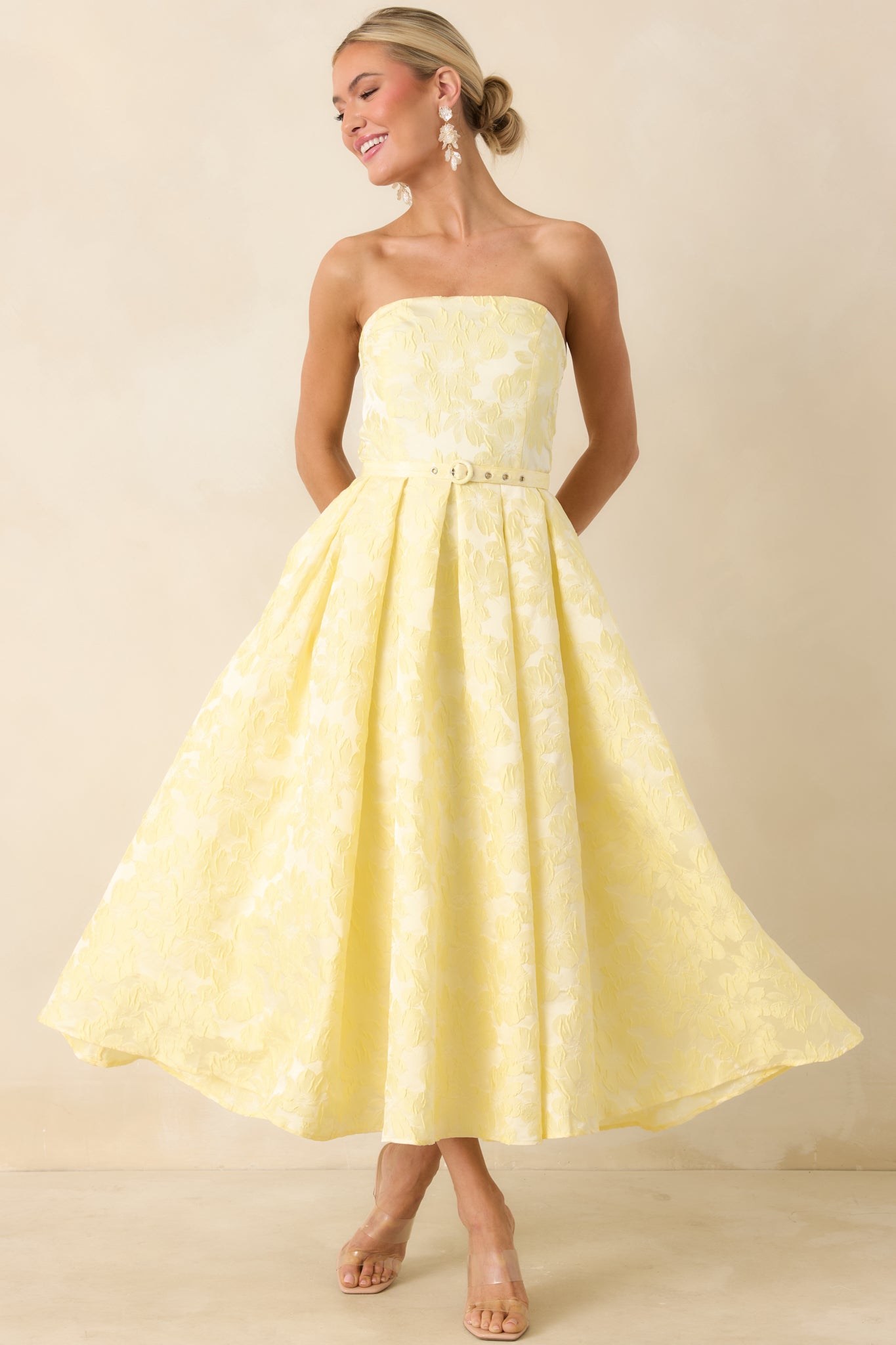 Red Dress | Yellow Floral Jacquard Strapless Midi Dress - All Dresses Red Dress | Yellow Floral Jacquard Strapless Midi Dress - All Dresses