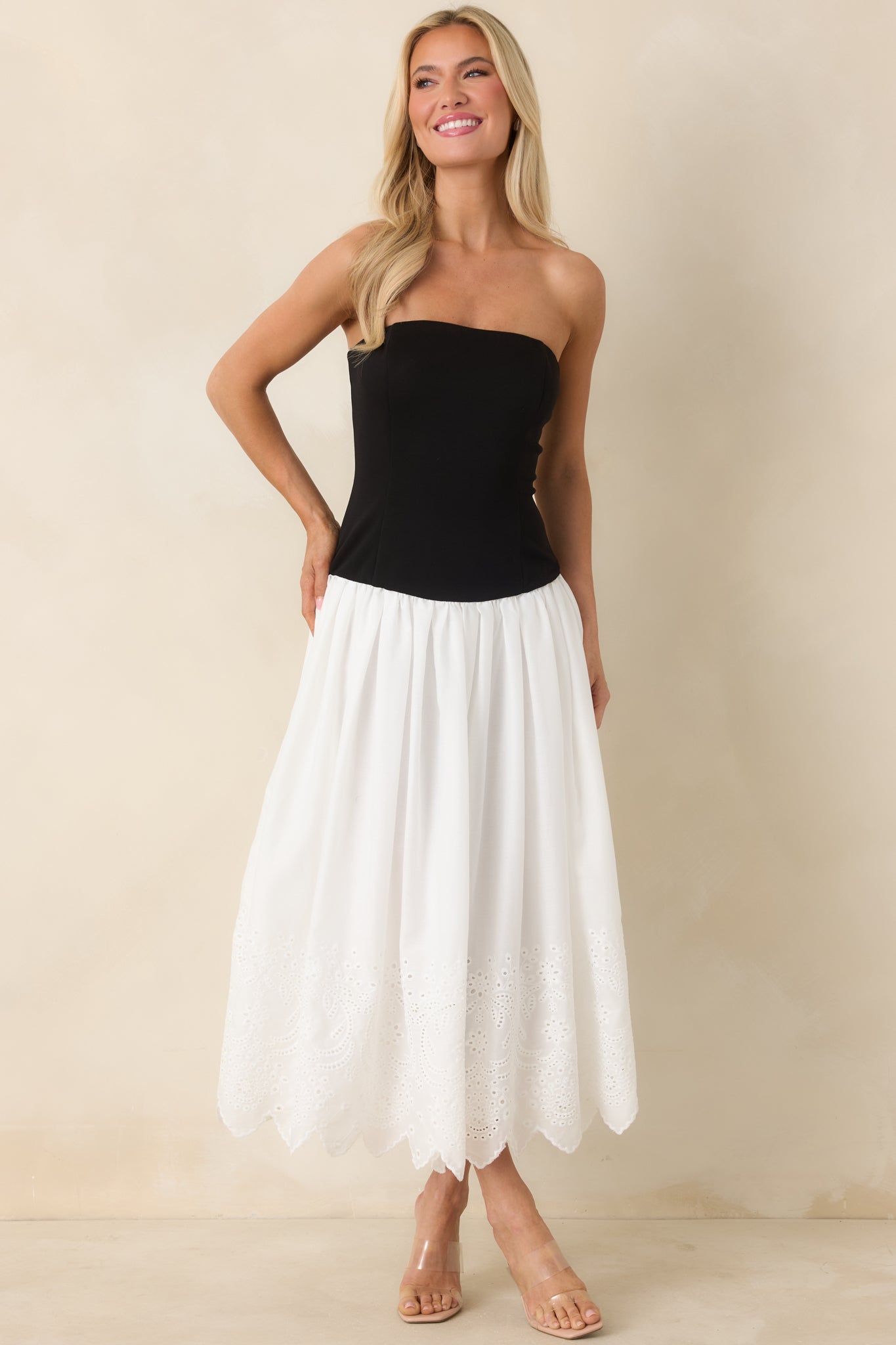 Women's It's a Classic Black & White Cotton Eyelet Strapless Midi Dress | Size: S | Red Dress Women's It's a Classic Black & White Cotton Eyelet Strapless Midi Dress | Size: S | Red Dress