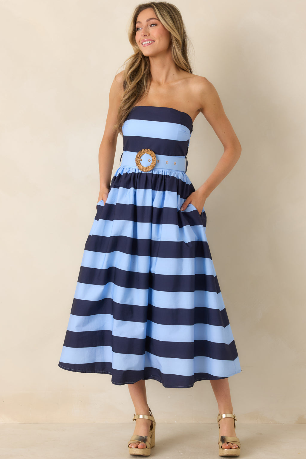 Women's The Amanda Navy & Light Blue Stripe Cotton Strapless Midi Dress | Size: L