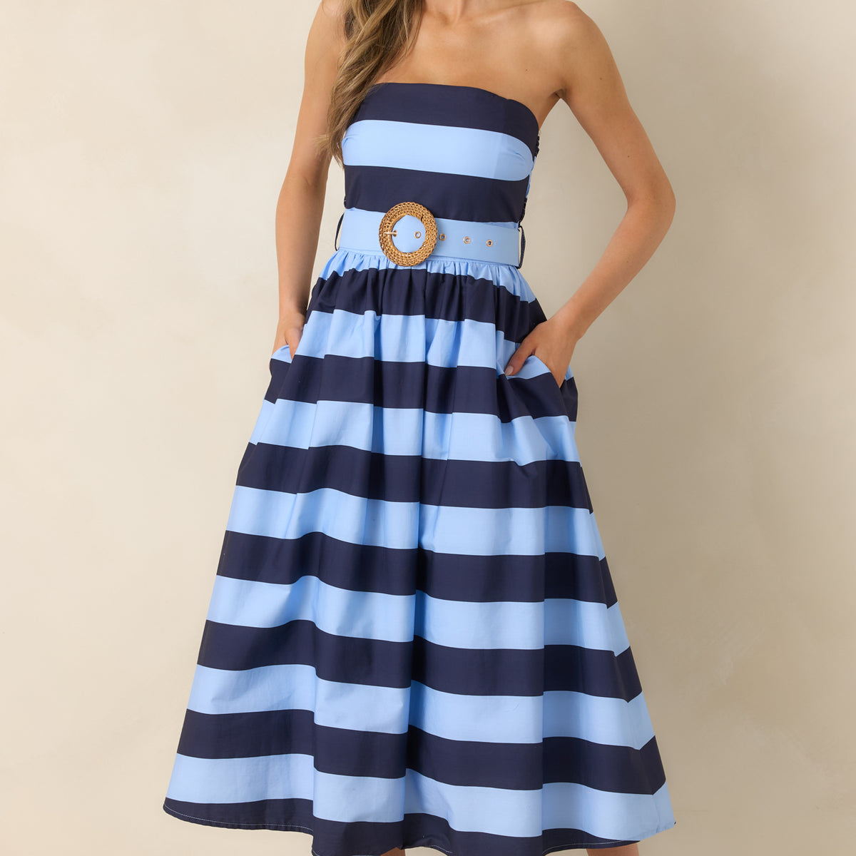 blue and red midi dress | Navy & Light Stripe Strapless Dress 40 1/2 Fabric Self size-44r Hire Period:8 Day Hire Blue Satin Long Prom Ladies dresses