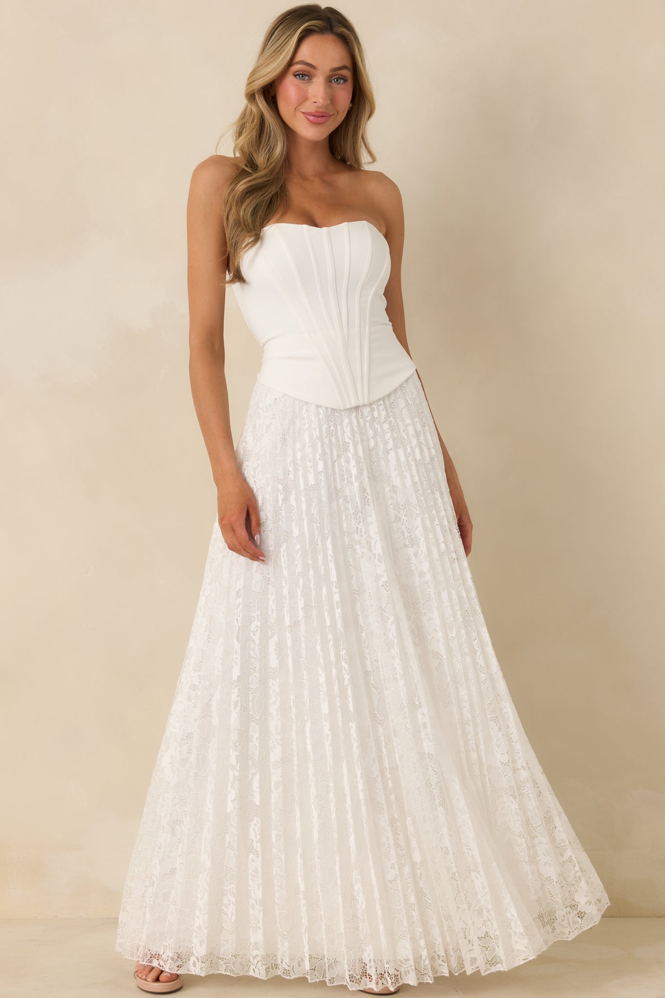 White Corset Bodice & Pleated Lace Maxi Dress - Event Dresses | Red Dress White Corset Bodice & Pleated Lace Maxi Dress - Event Dresses | Red Dress