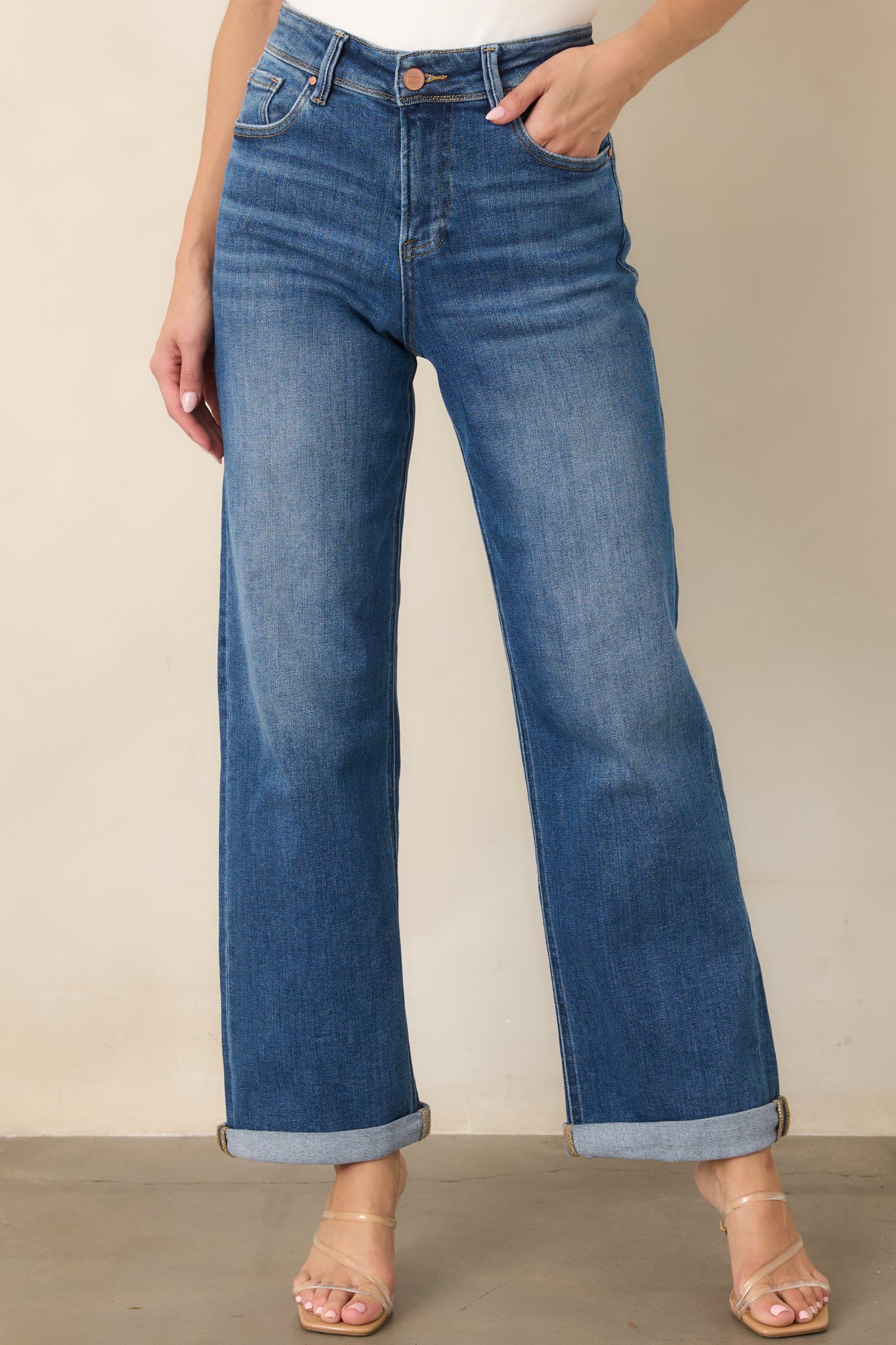 Front detail of the jeans emphasizing the comfortable stretch construction, classic pocket design, and cleanly finished seams.