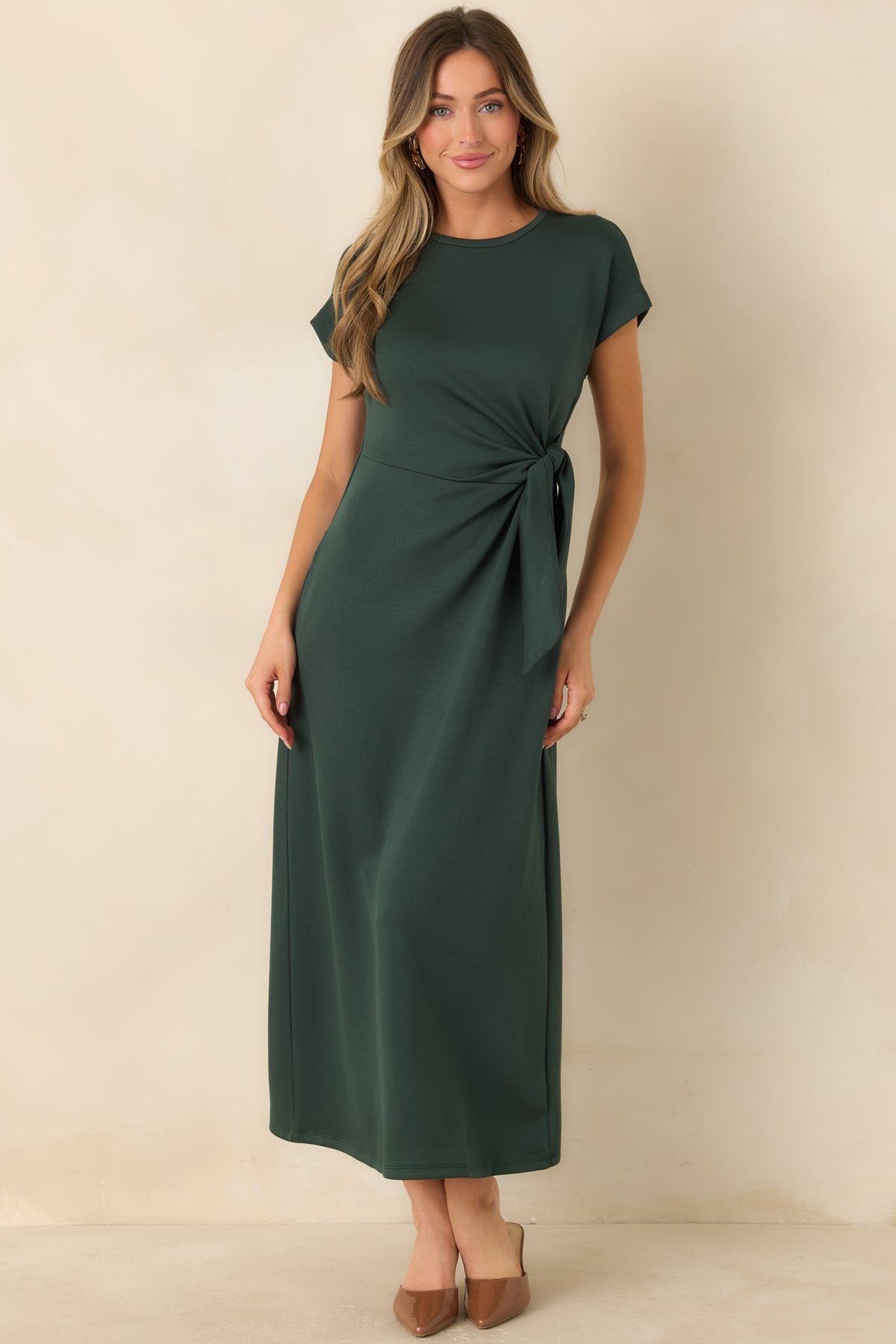 Stretch rayon-blend midi dress with a waist knot, smooth draping, and a softly defined silhouette.