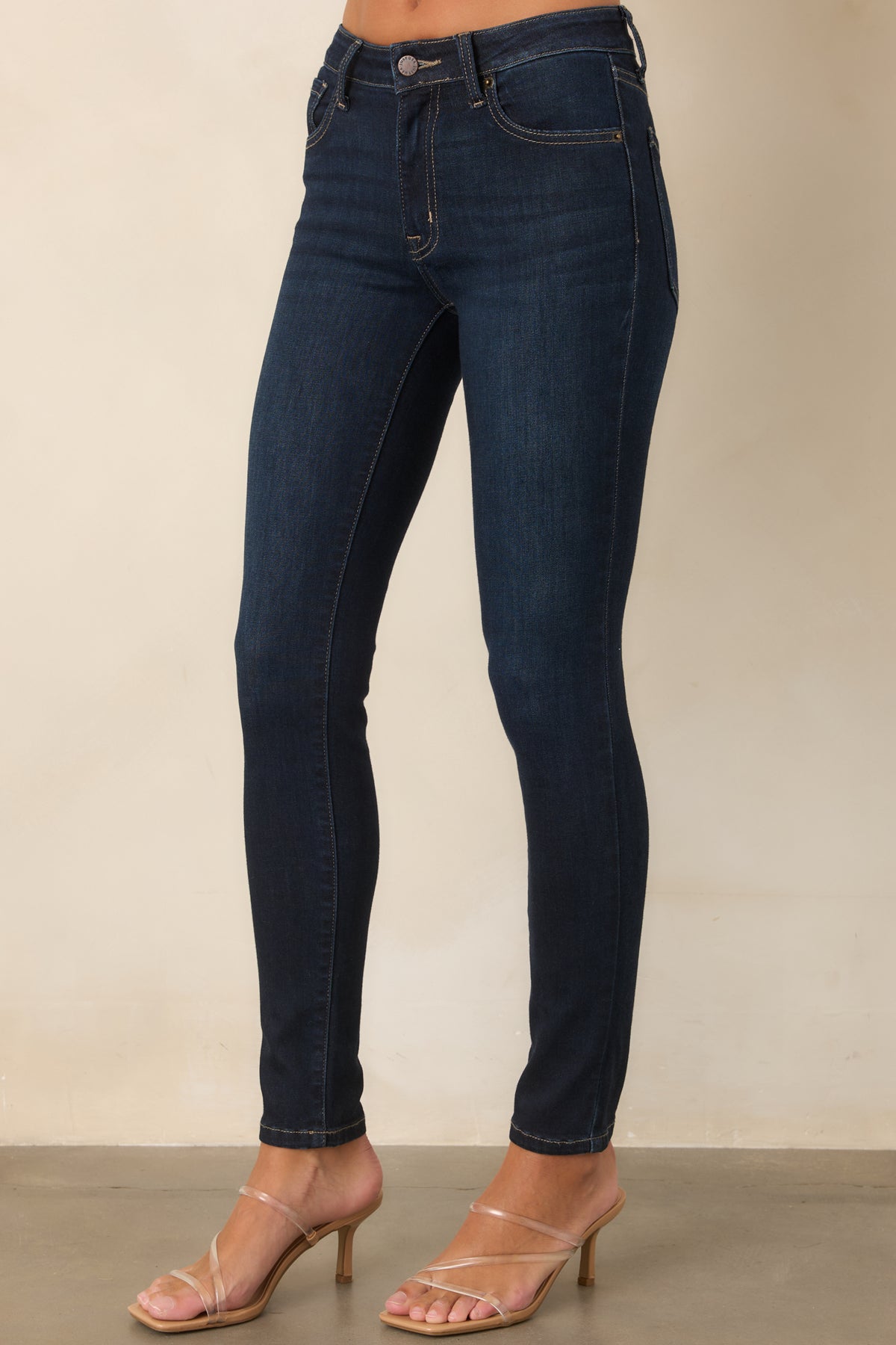 Stretch skinny jeans showcasing the fitted shape and subtle contrast stitching.