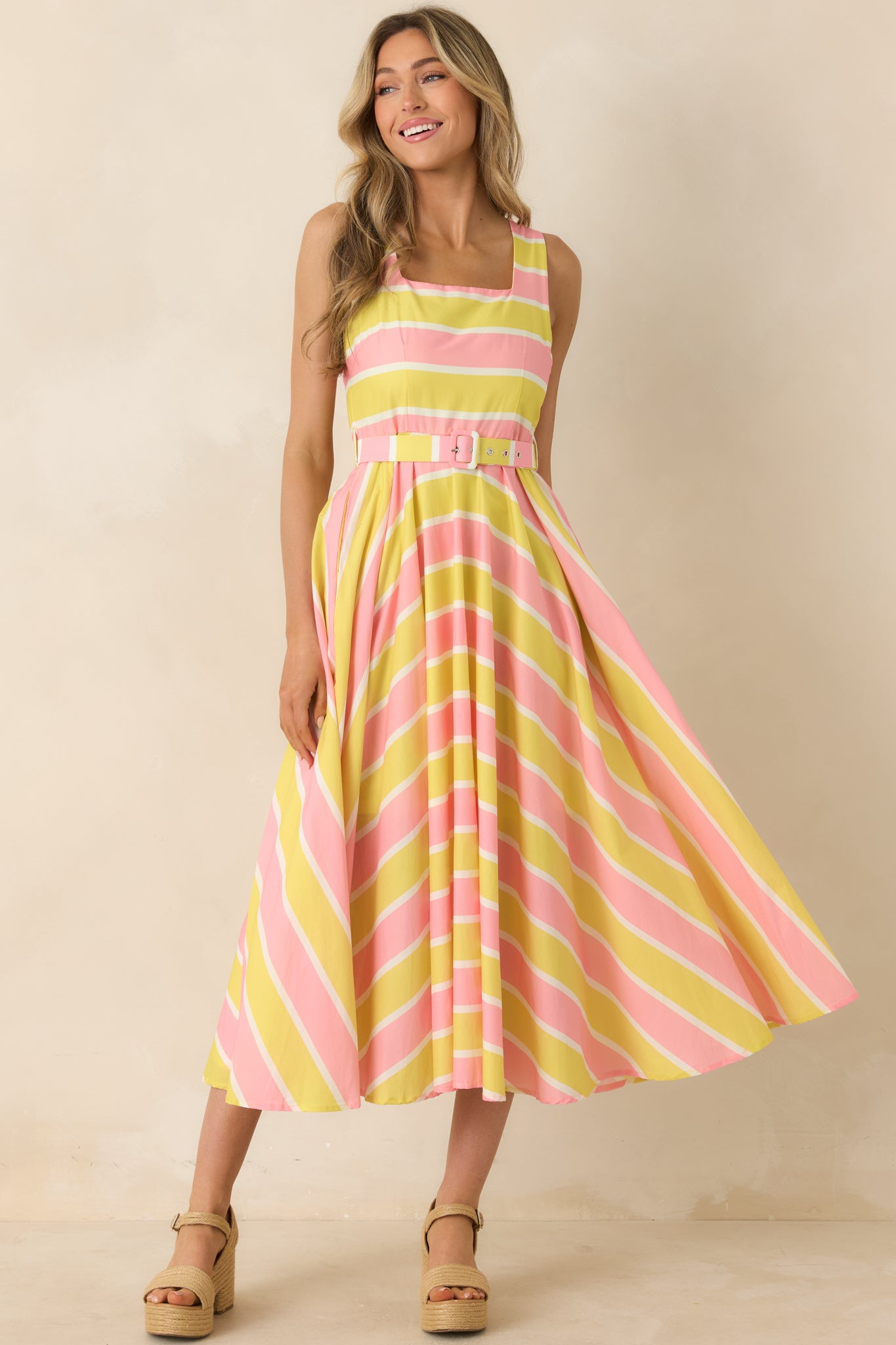 yellow and red dress Women's Sunbeam Days Yellow & Pink Stripe Cotton Belted Midi Dress | Size: S