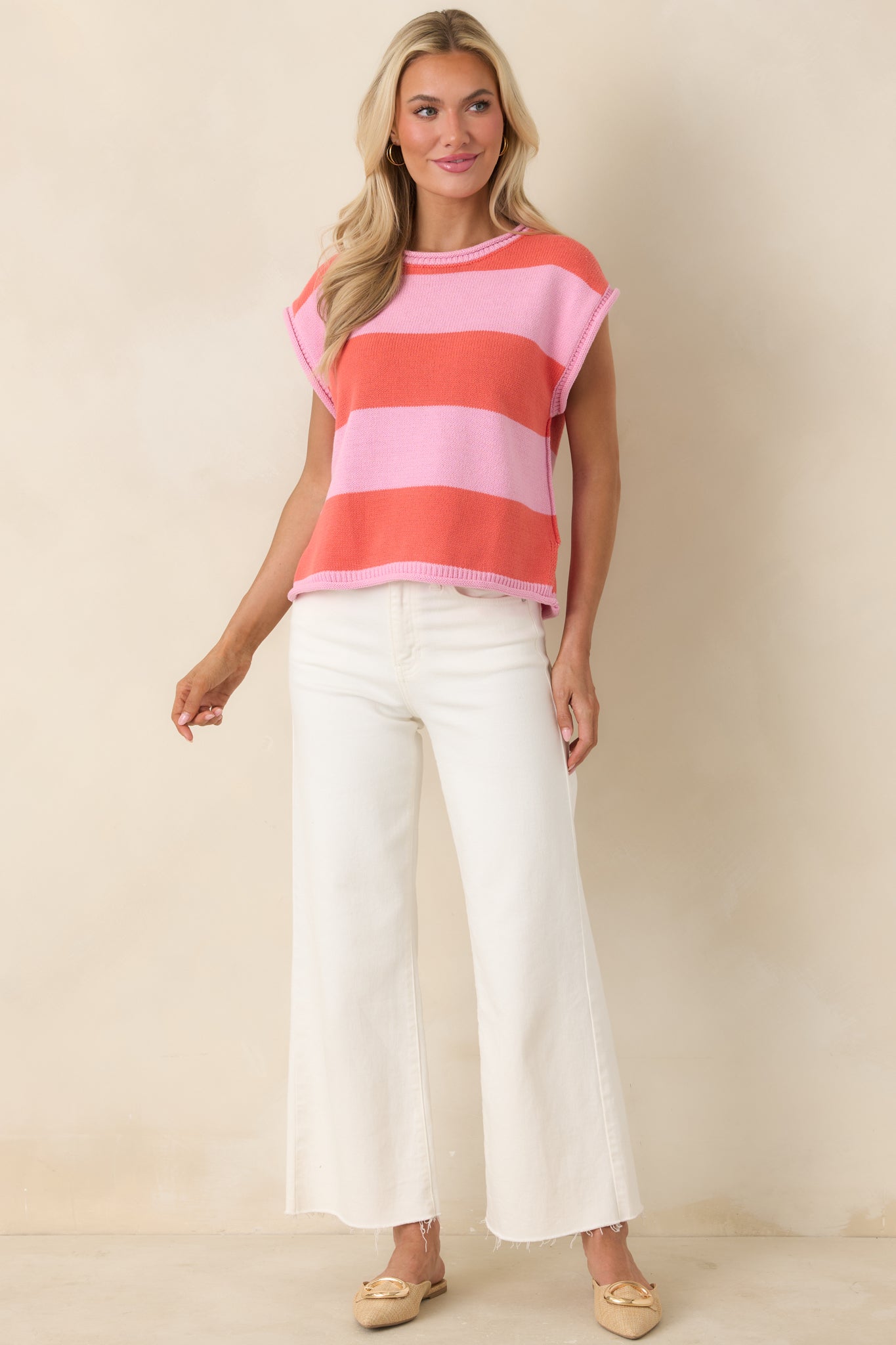 Striped cotton-blend knit top with round neckline and cap sleeves.