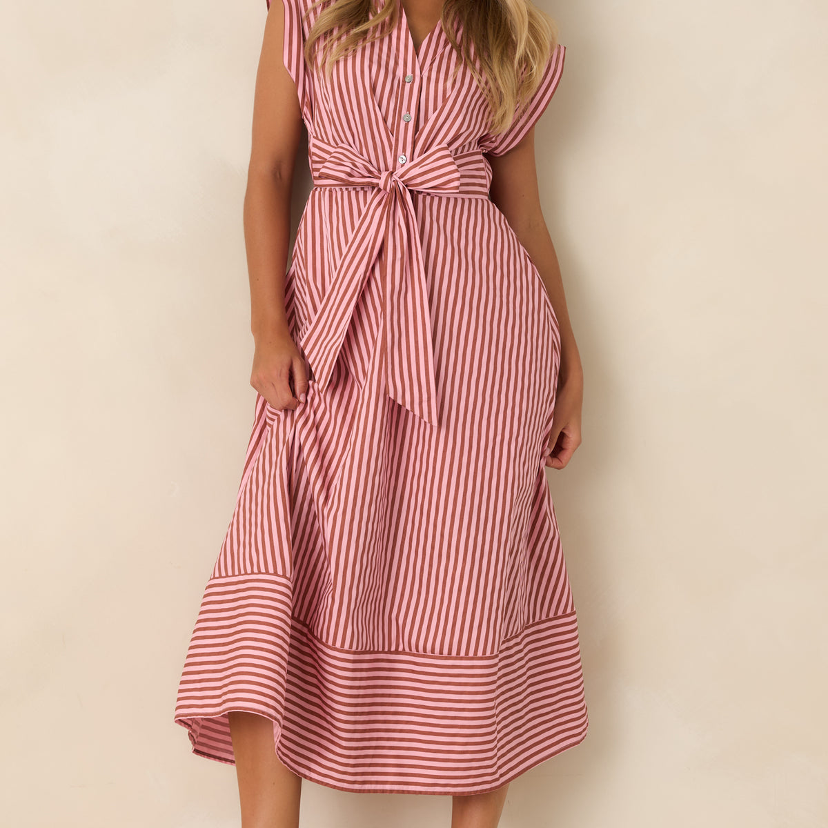 ワンピース Stripe Cotton-Blend Summer Dress Lunch on the Riviera Pink Stripe Cotton Midi Dress | Entro
