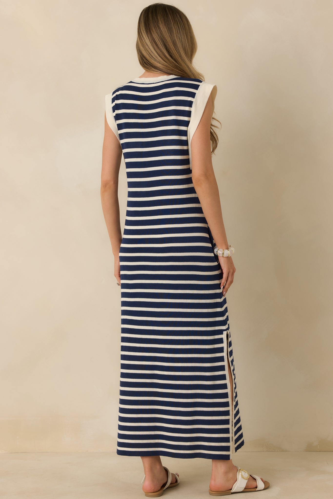 Women's Keep It Straight Navy Stripe Stretch Knit Maxi Dress | Size: M