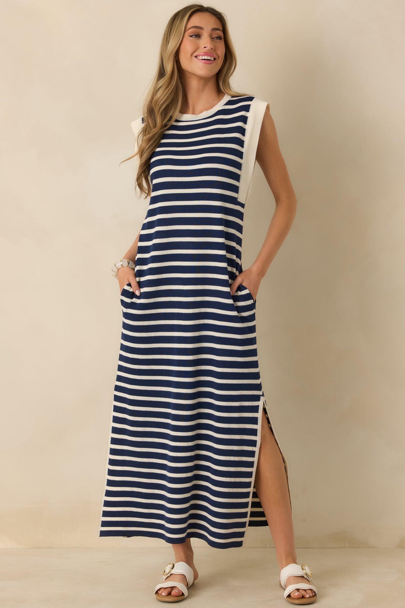 green emerald velvet dress Keep It Straight Navy Stripe Stretch Knit Maxi Dress