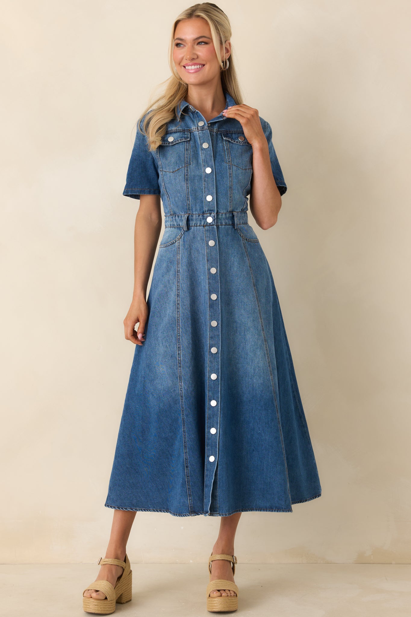 Women's The Right Impression Medium Wash Cotton Denim Midi Dress | Size: L | Red Dress Women's The Right Impression Medium Wash Cotton Denim Midi Dress | Size: L | Red Dress