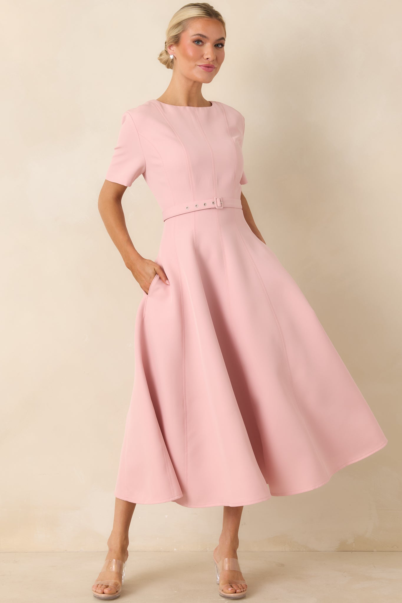 Women's Put Together Perfectly Blush Pink Belted Midi Dress | Size: L | Red Dress Women's Put Together Perfectly Blush Pink Belted Midi Dress | Size: L | Red Dress