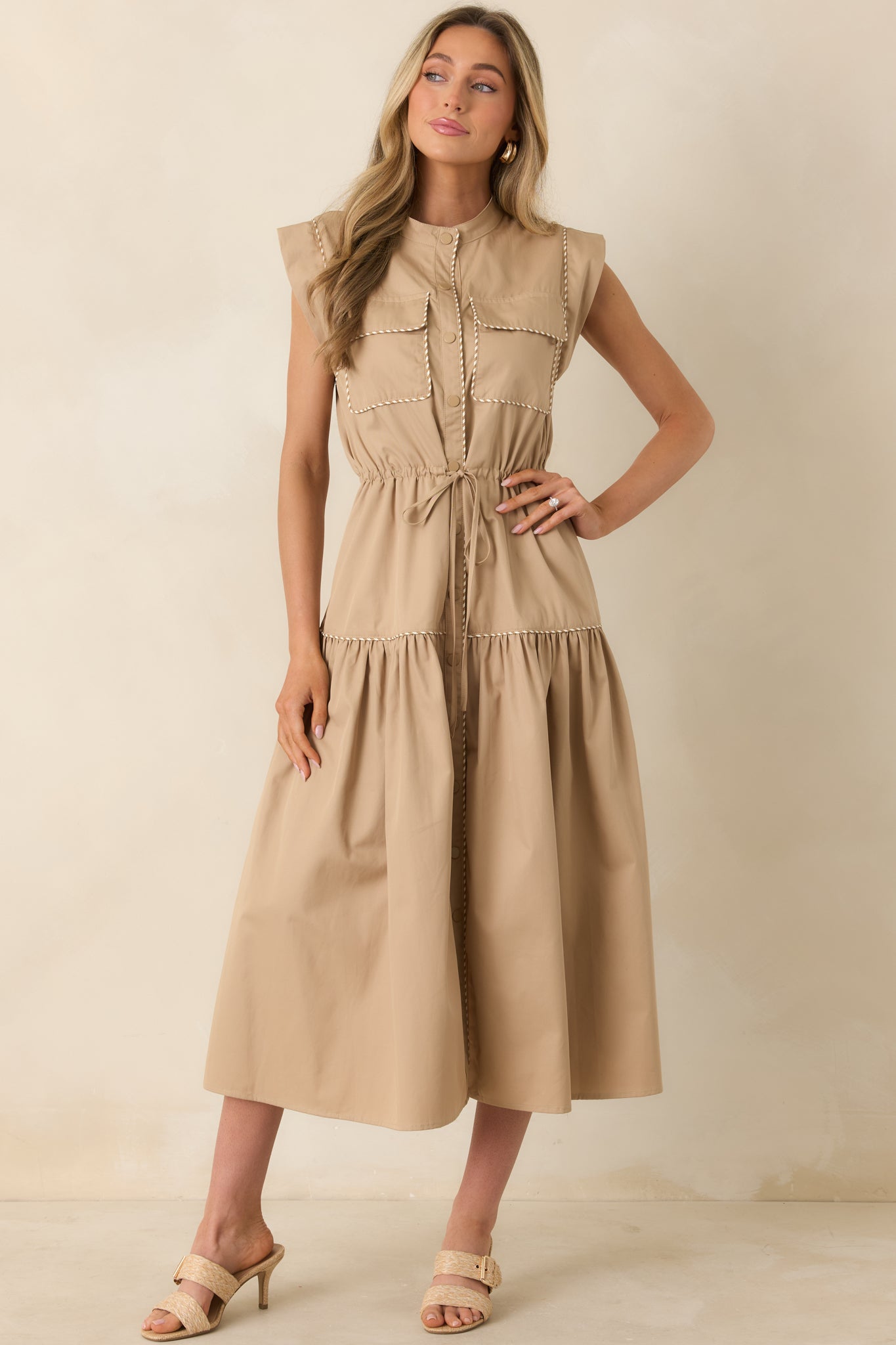 Structured midi dress with adjustable drawstring waist and softly flowing skirt silhouette
