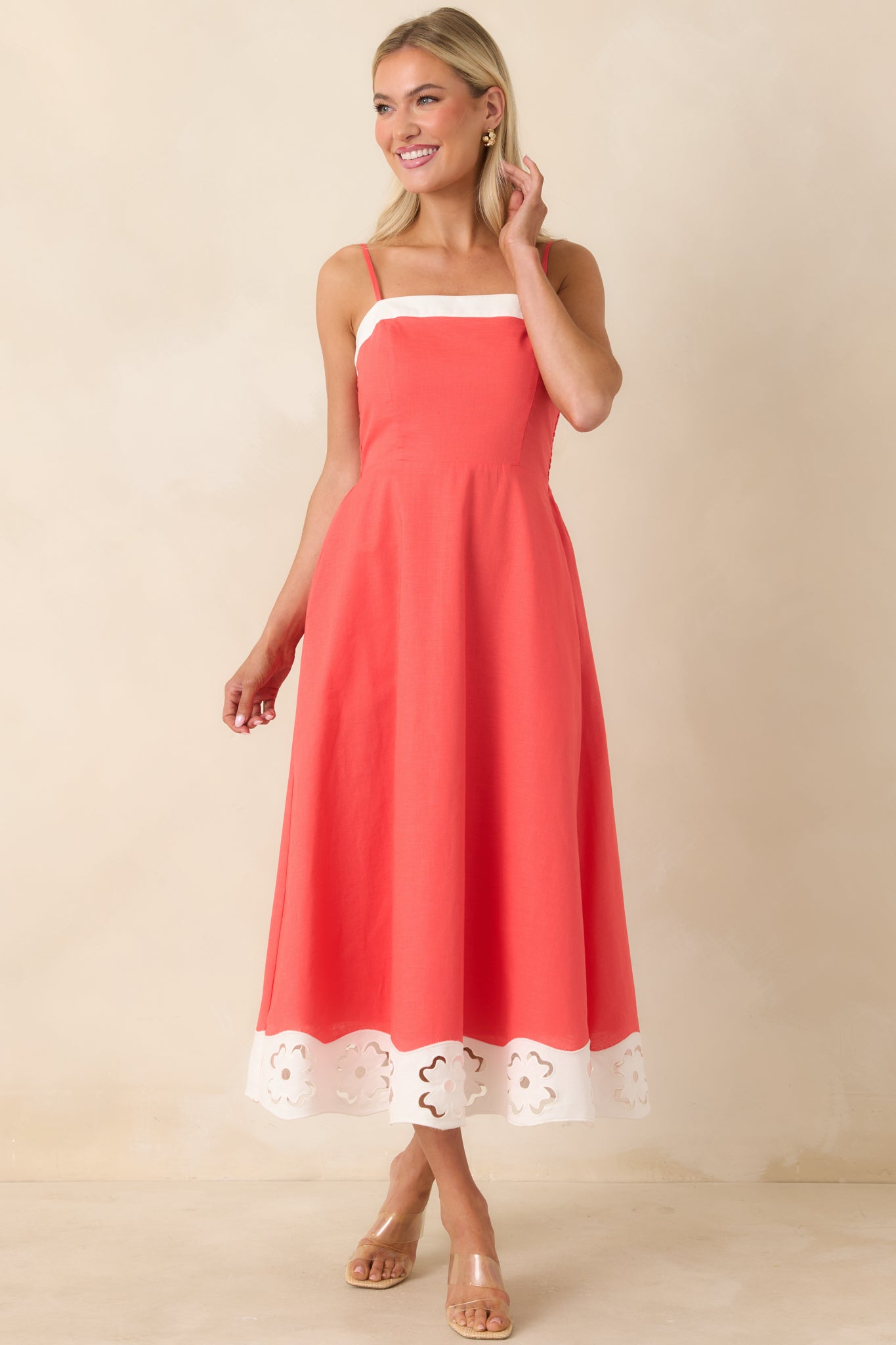 Cut Out for It Poppy Red & Ivory Cotton Linen Floral Cutout Midi Dress Cut Out for It Poppy Red & Ivory Cotton Linen Floral Cutout Midi Dress