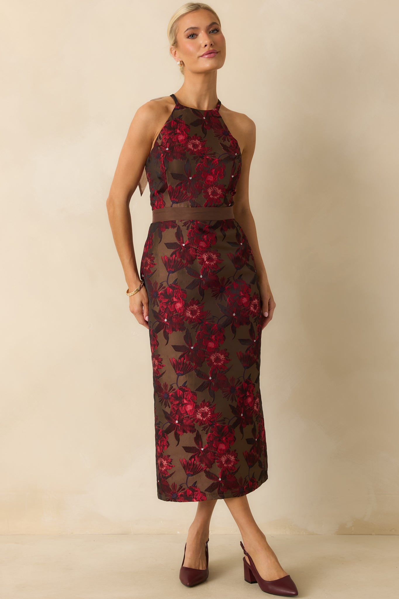 Mocha Brown Multi Floral Jacquard Maxi Dress - Event Dresses | Red