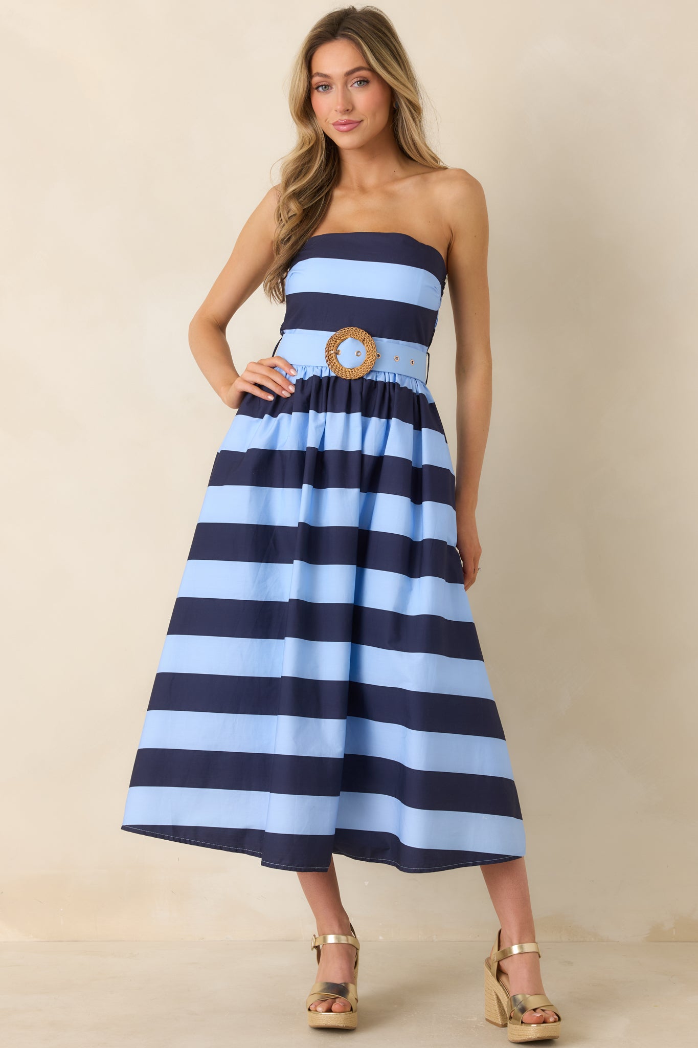 knee length dresses for ladies Red Dress | Navy & Light Blue Stripe Strapless Midi Dress