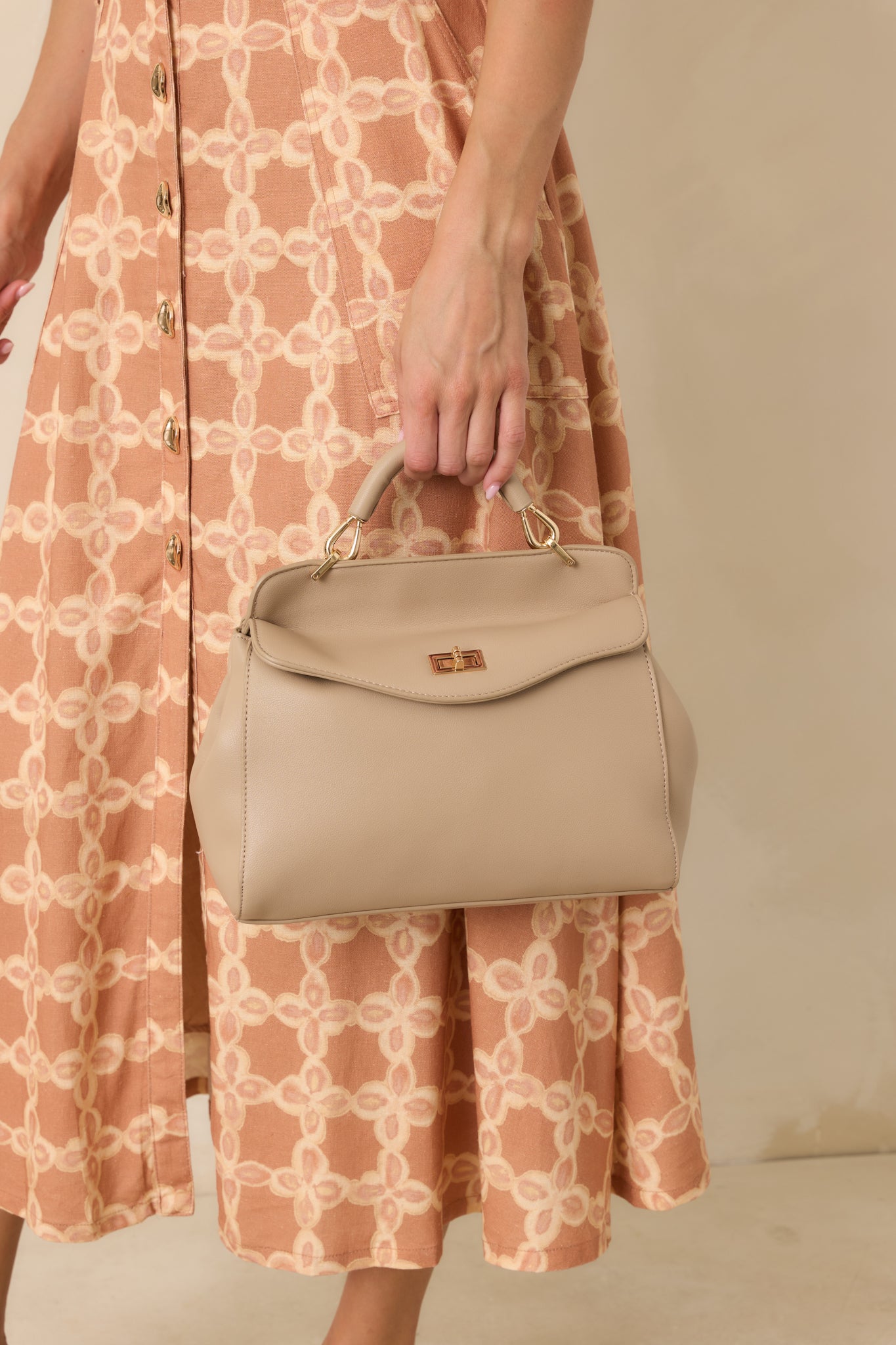Red Dress | Taupe Faux Leather Twist Lock Handbag - All Accessories