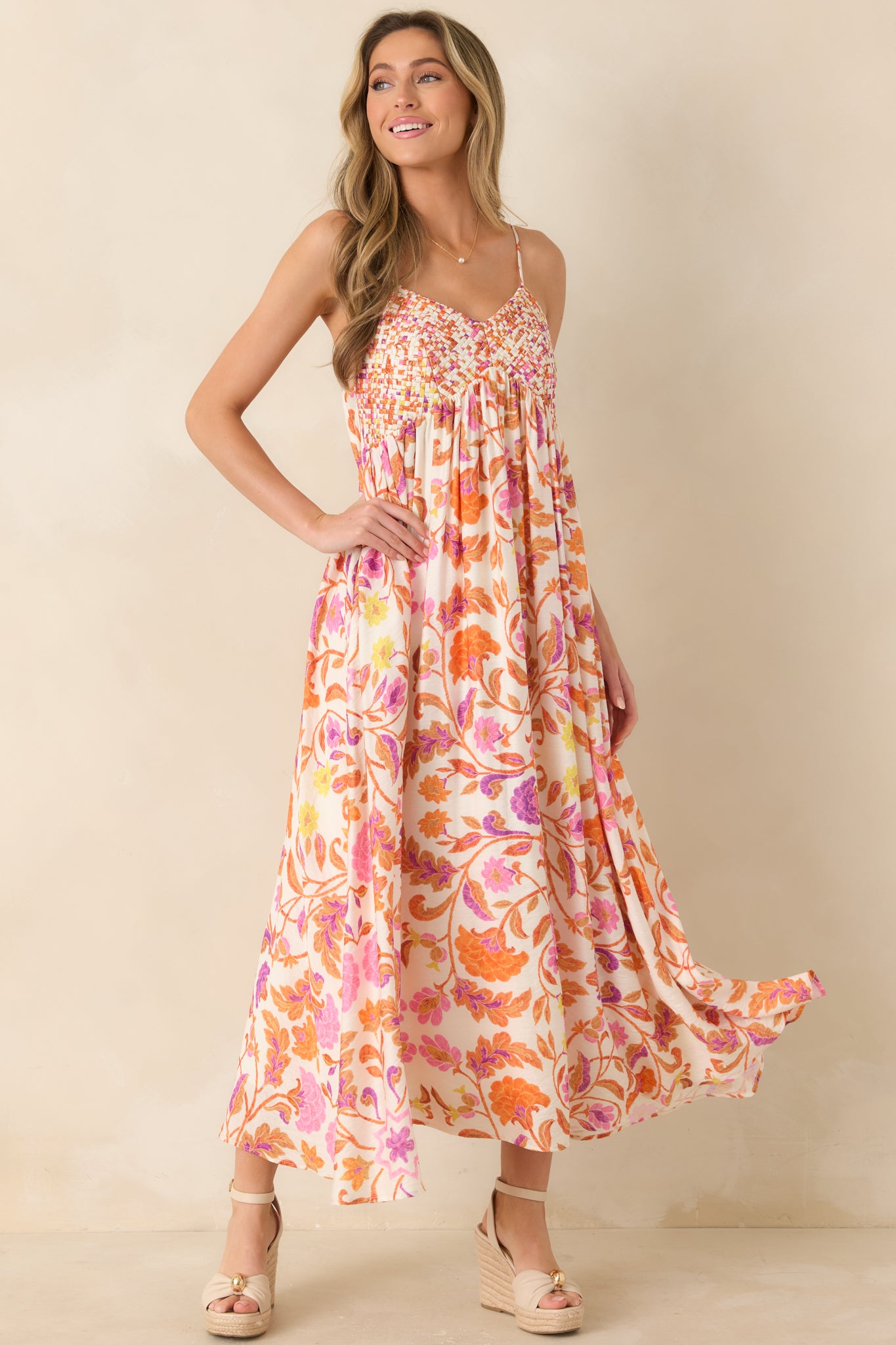 fitted lace wedding dress Red Dress | Pink & Orange Floral Woven Maxi Dress