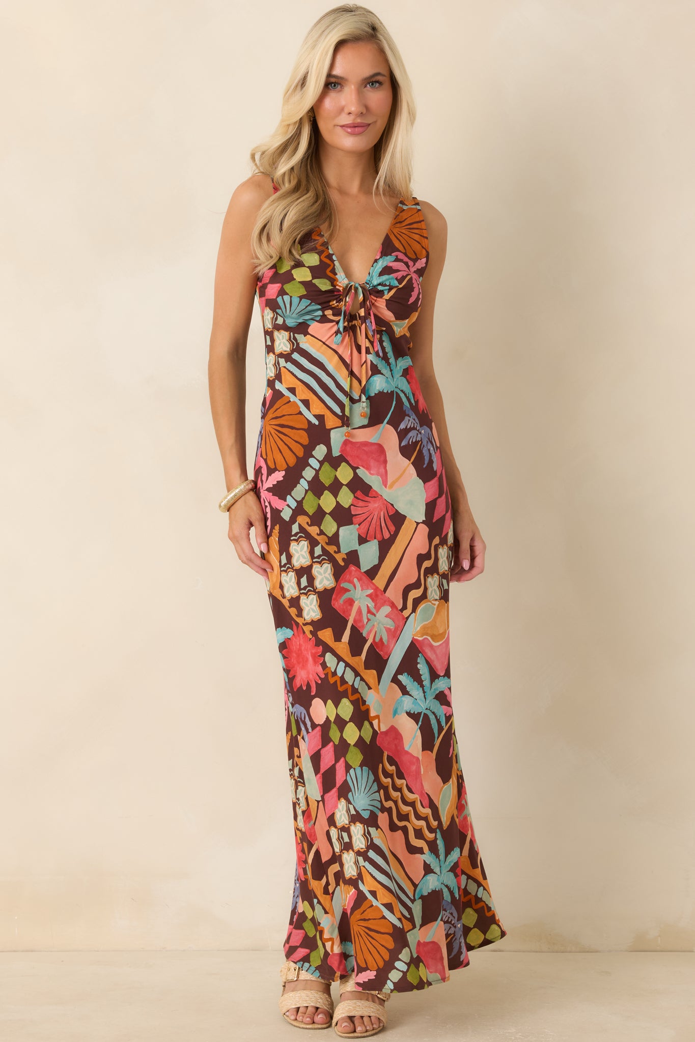 【美品】即完売 DRESS HIPPY FISHERMAN COAT Isola Brown Multi Vintage Coastal Print Keyhole Midi Dress | MINKPINK