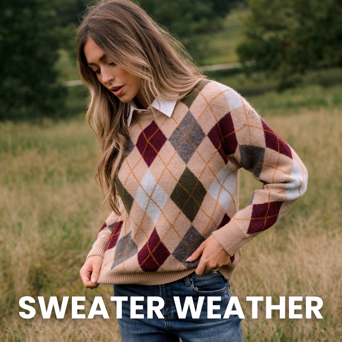 Model wearing a tan argyle sweater with jeans. Text reads: "Sweater Weather."