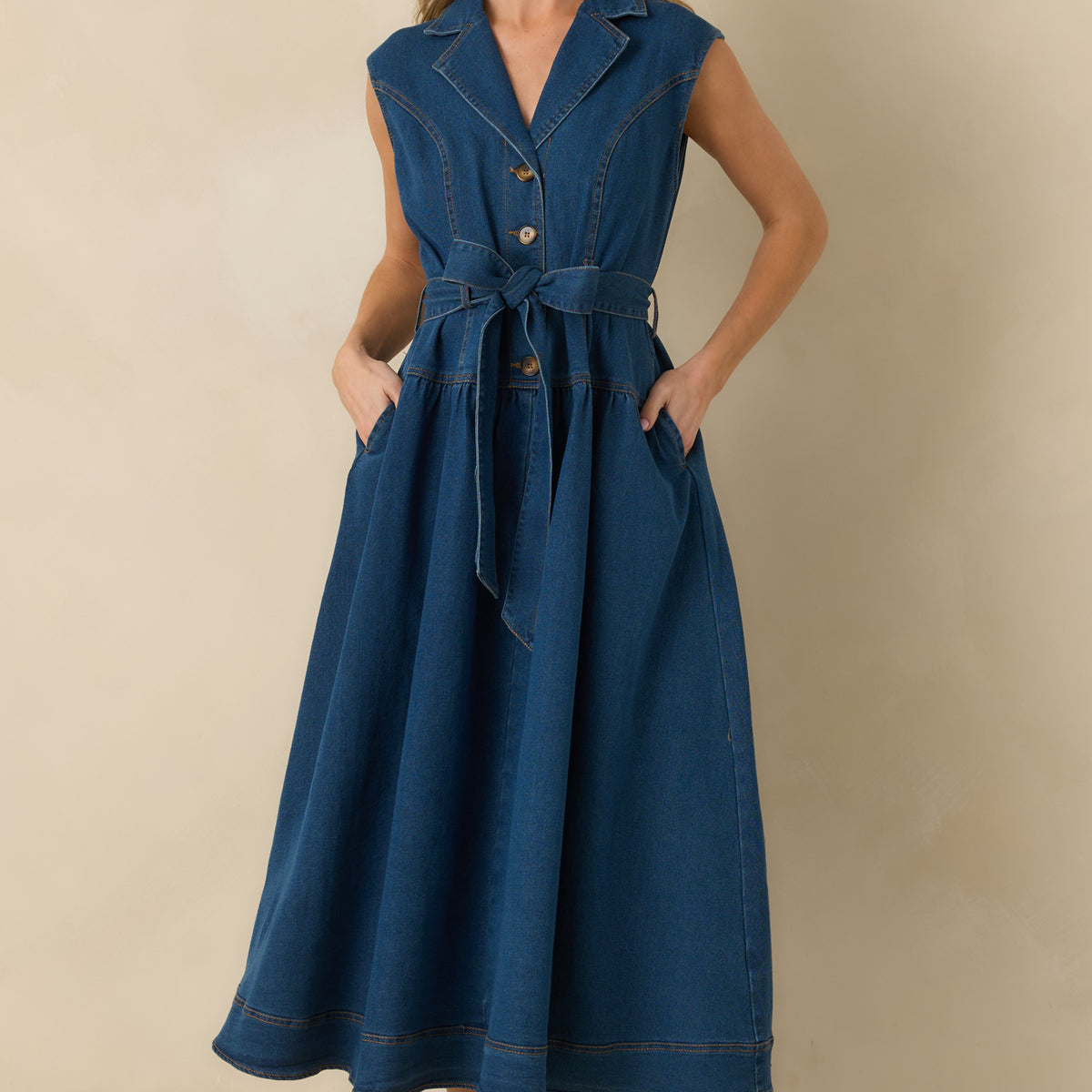 Women's I'm All In Dark Wash Denim Tie-Belt Midi Dress | Size: S | Red Dress Women's I'm All In Dark Wash Denim Tie-Belt Midi Dress | Size: S | Red Dress