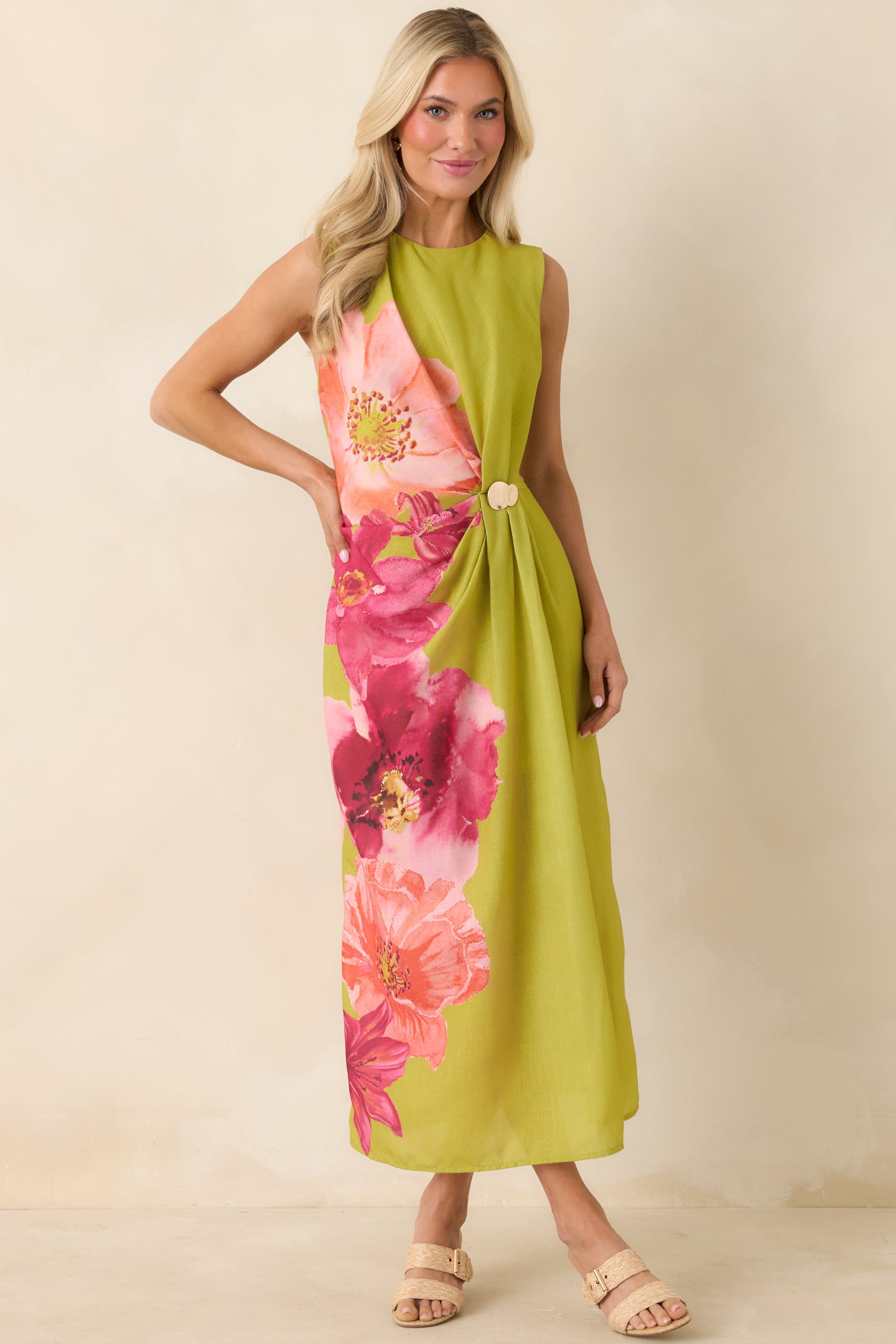 Women's Do a Double Take Chartreuse Multi Floral Print Midi Dress | Size: S