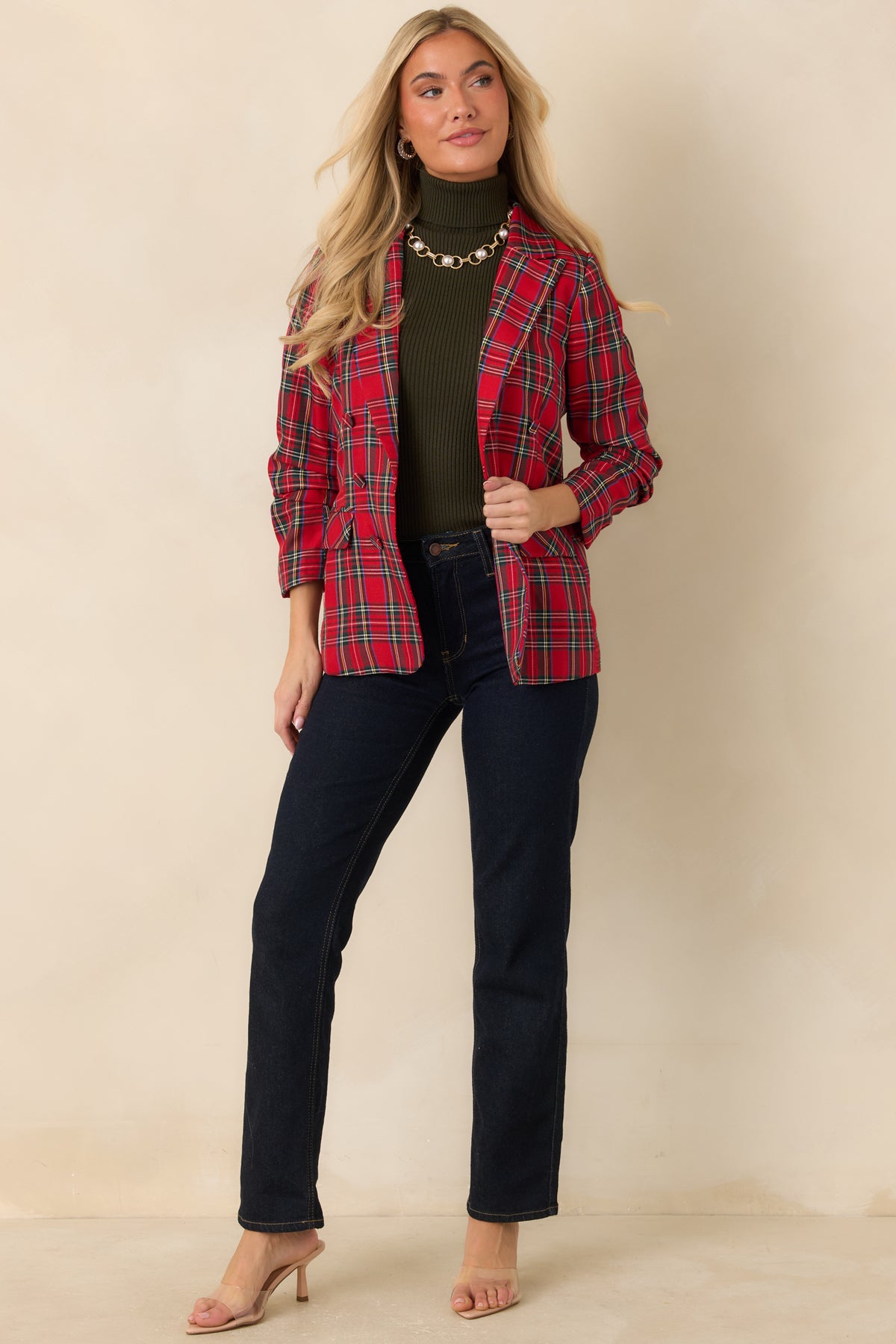 Tailored red plaid blazer with softly gathered sleeves and a classic collared neckline.