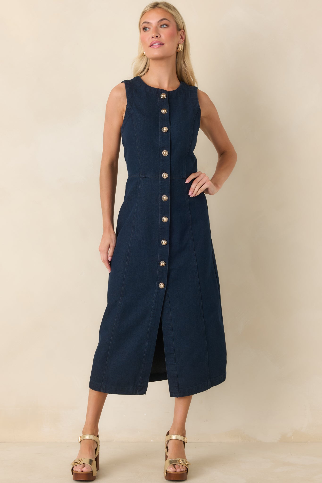 Red Dress | Indigo Cotton Denim Button-Front Midi Dress