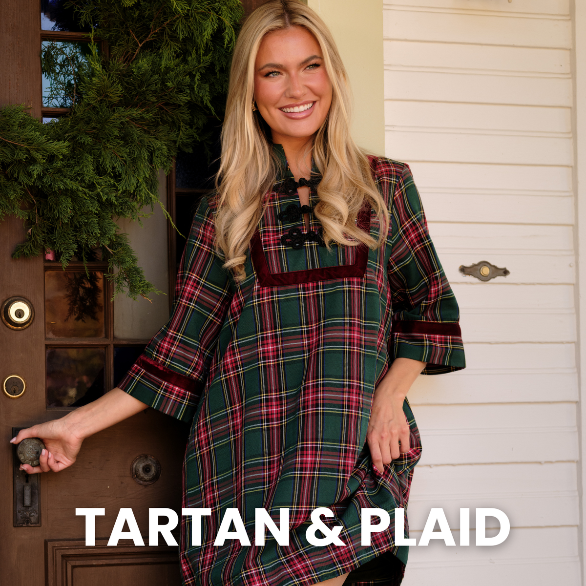 Model wearing a green tartan mini dress. Text reads: "Tartan & Plaid."