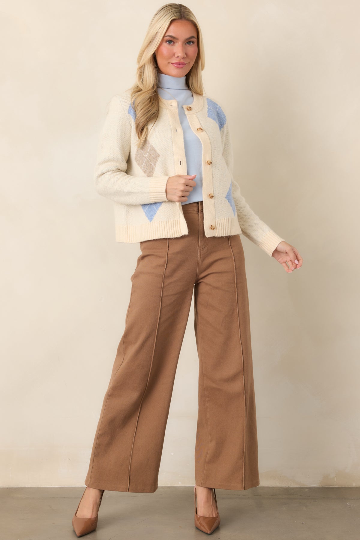 Multi-color argyle sweater cardigan featuring warm taupe and soft blue accents, a rounded collar, and a polished ribbed finish.