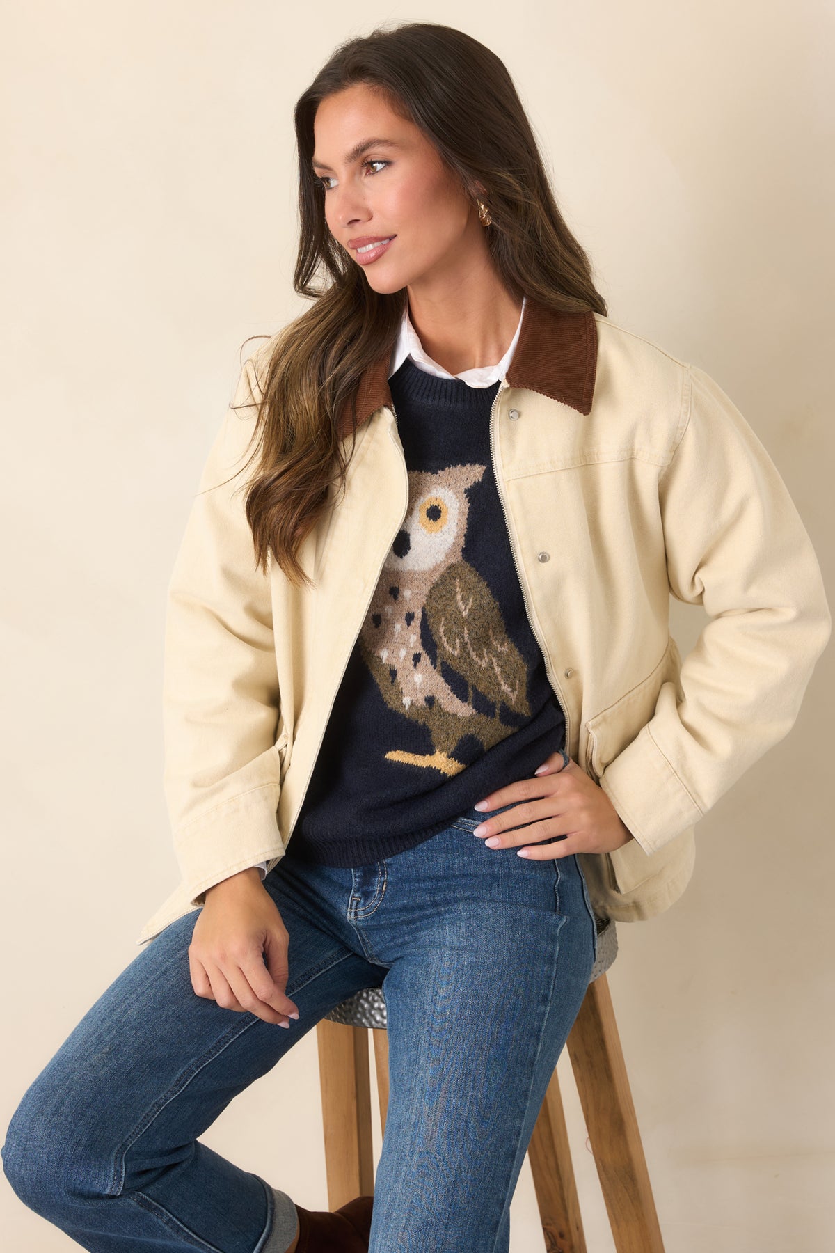 Taupe canvas jacket highlighting the contrasting brown corduroy collar and layered zip-and-snap front closure.