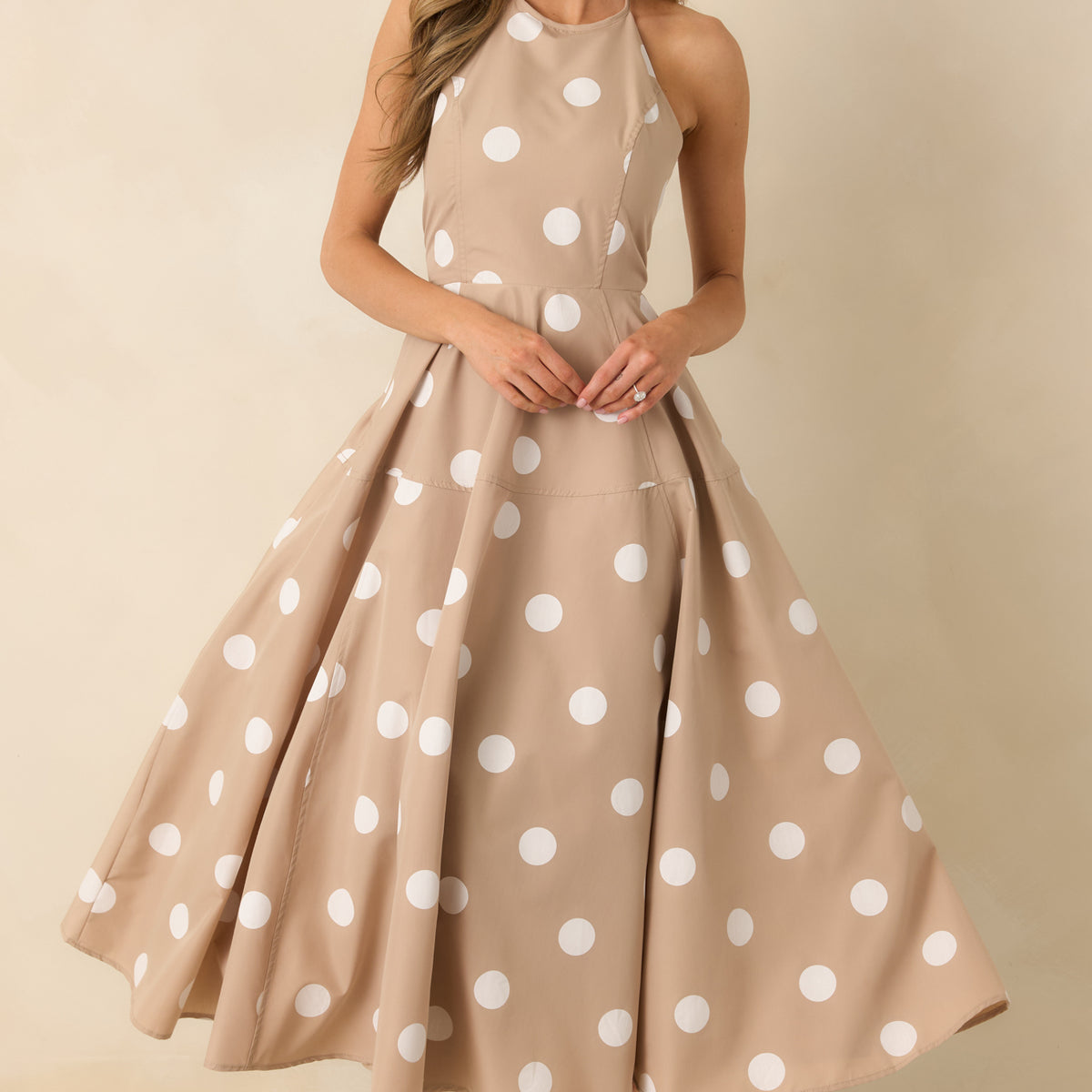 Made For Twirling Taupe Polka Dot Halter Maxi Dress