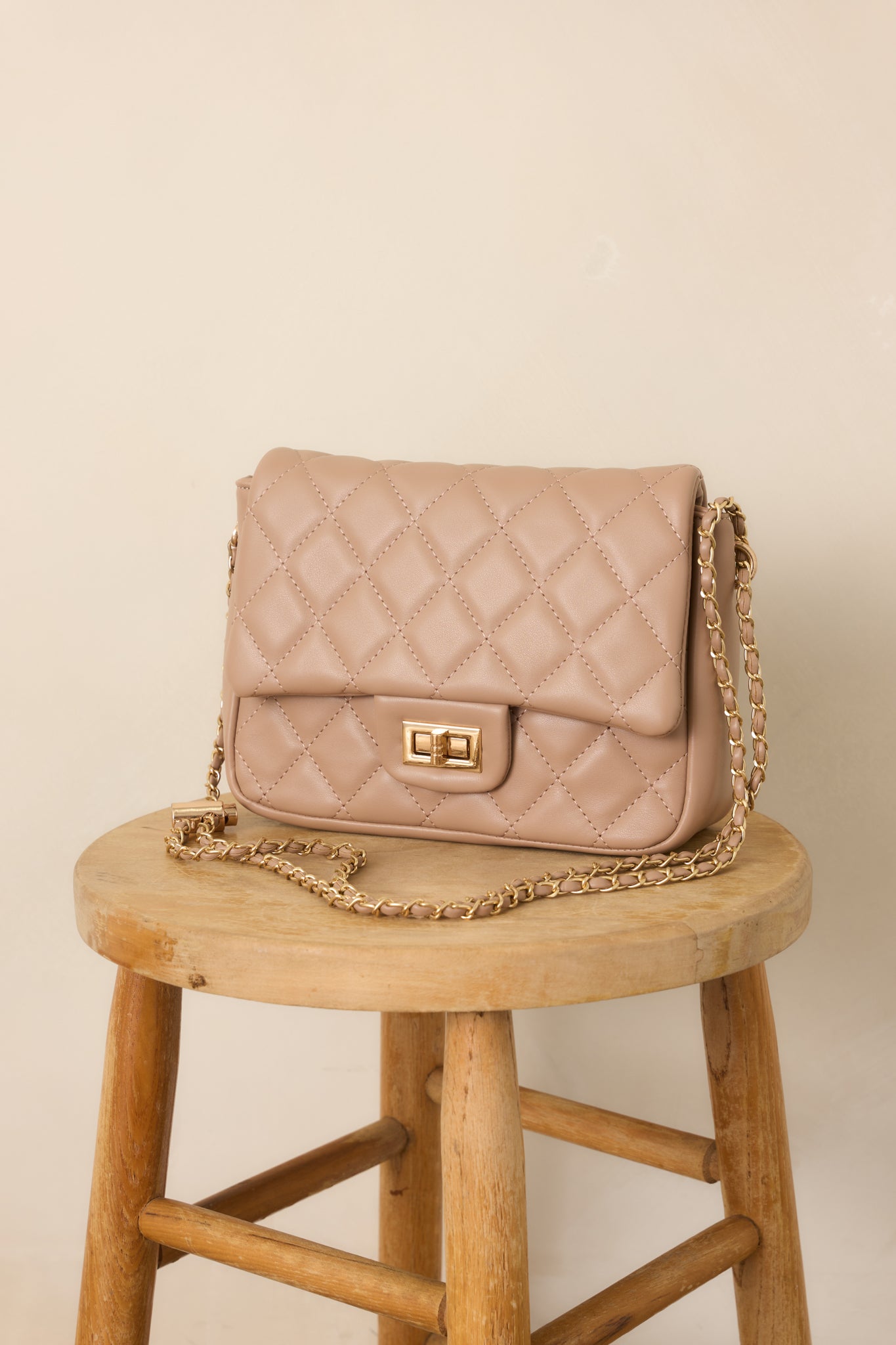 Detailed view of the handbag’s textured quilted exterior, front closure, and linked chain strap attachment.