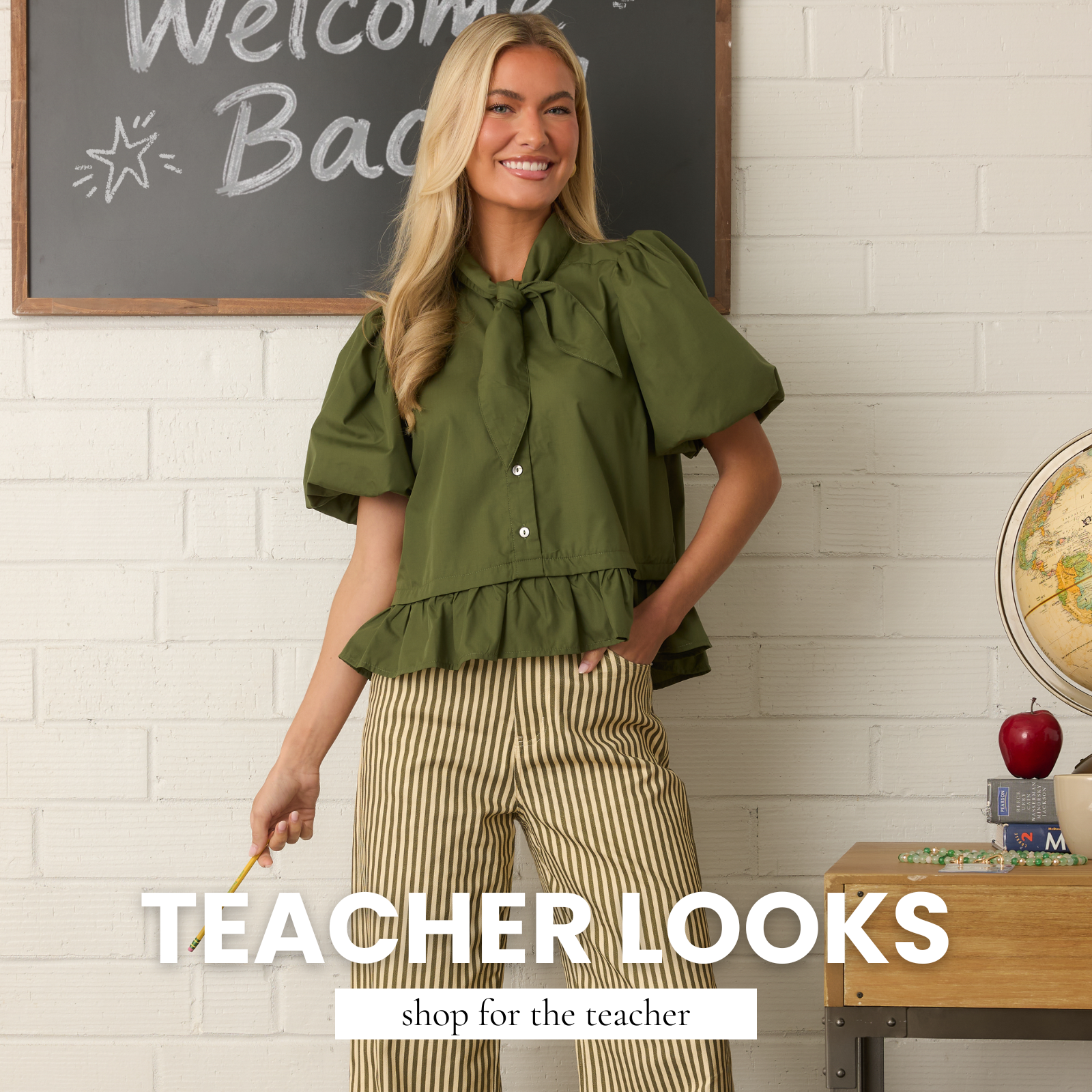 Model wearing a green button up tee, with cream and green striped pants. Teacher Looks. Shop for the teacher