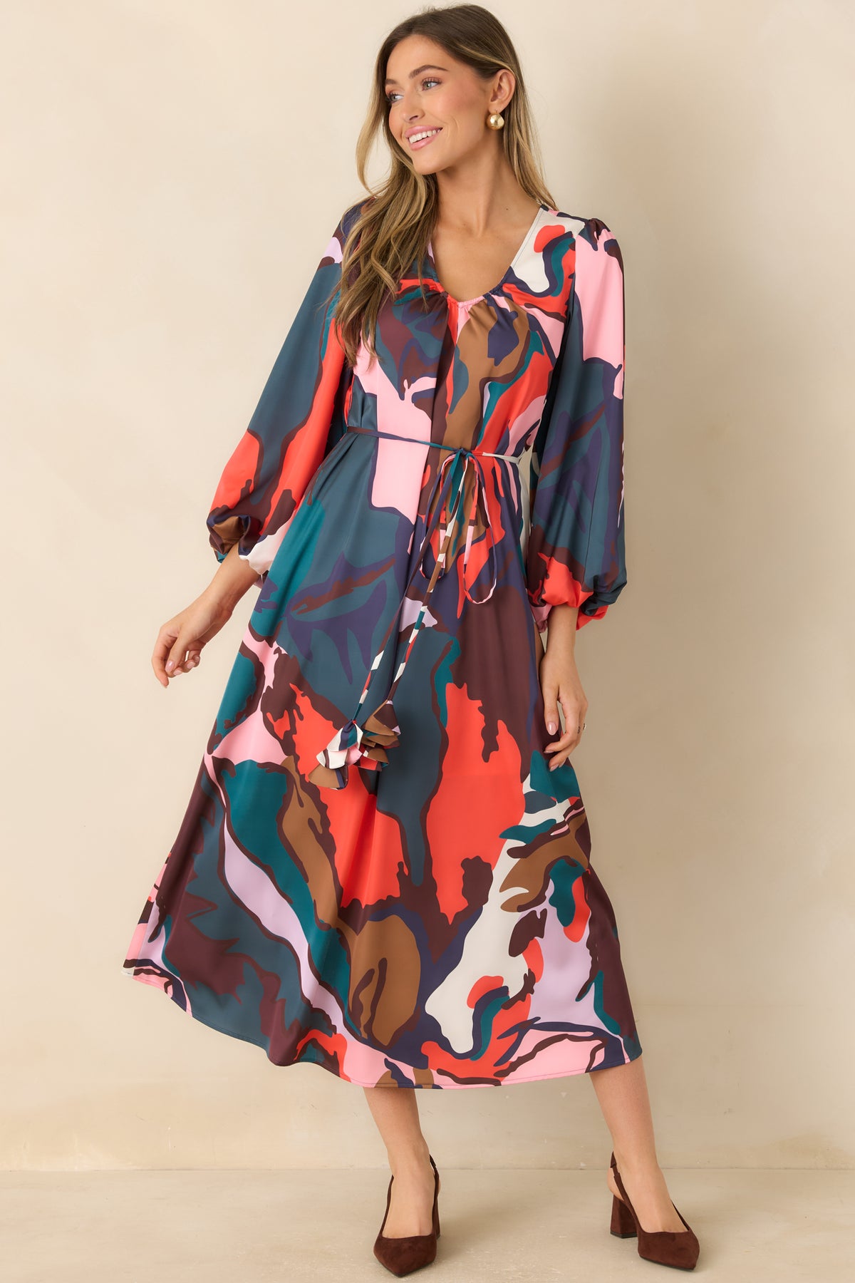 Teal and coral Leaf Study dress with voluminous sleeves, a softly lustrous finish, and a relaxed flowing silhouette.