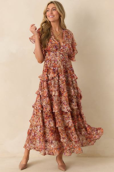 Terracotta Multi Floral Ruffle Maxi Dress - All Dresses